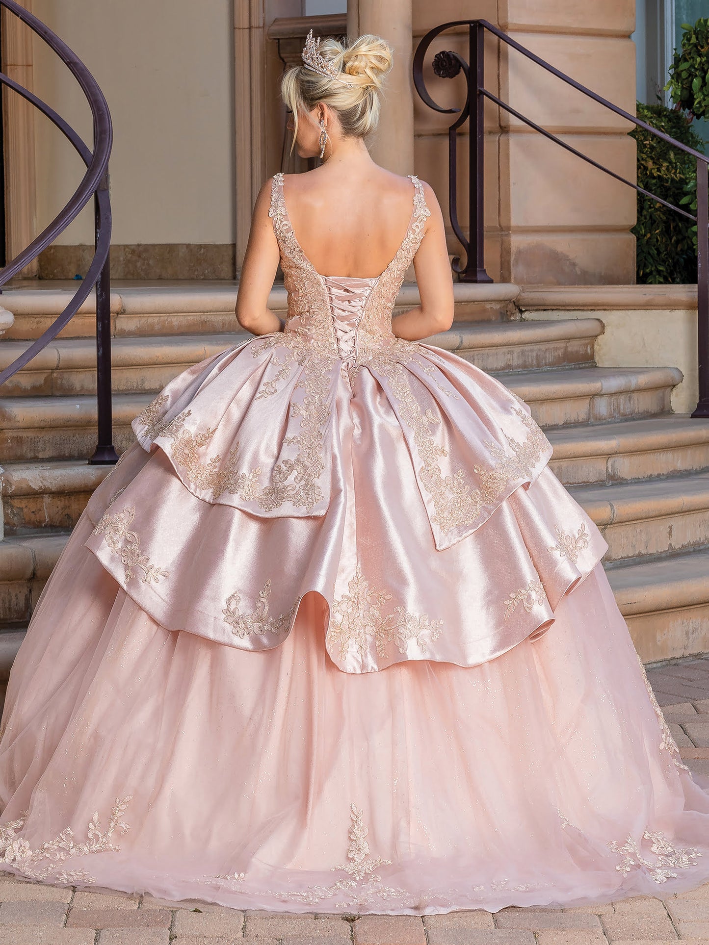 DQ25-1682 V-NECK SATIN BALL GOWN WITH BEADED BODICE