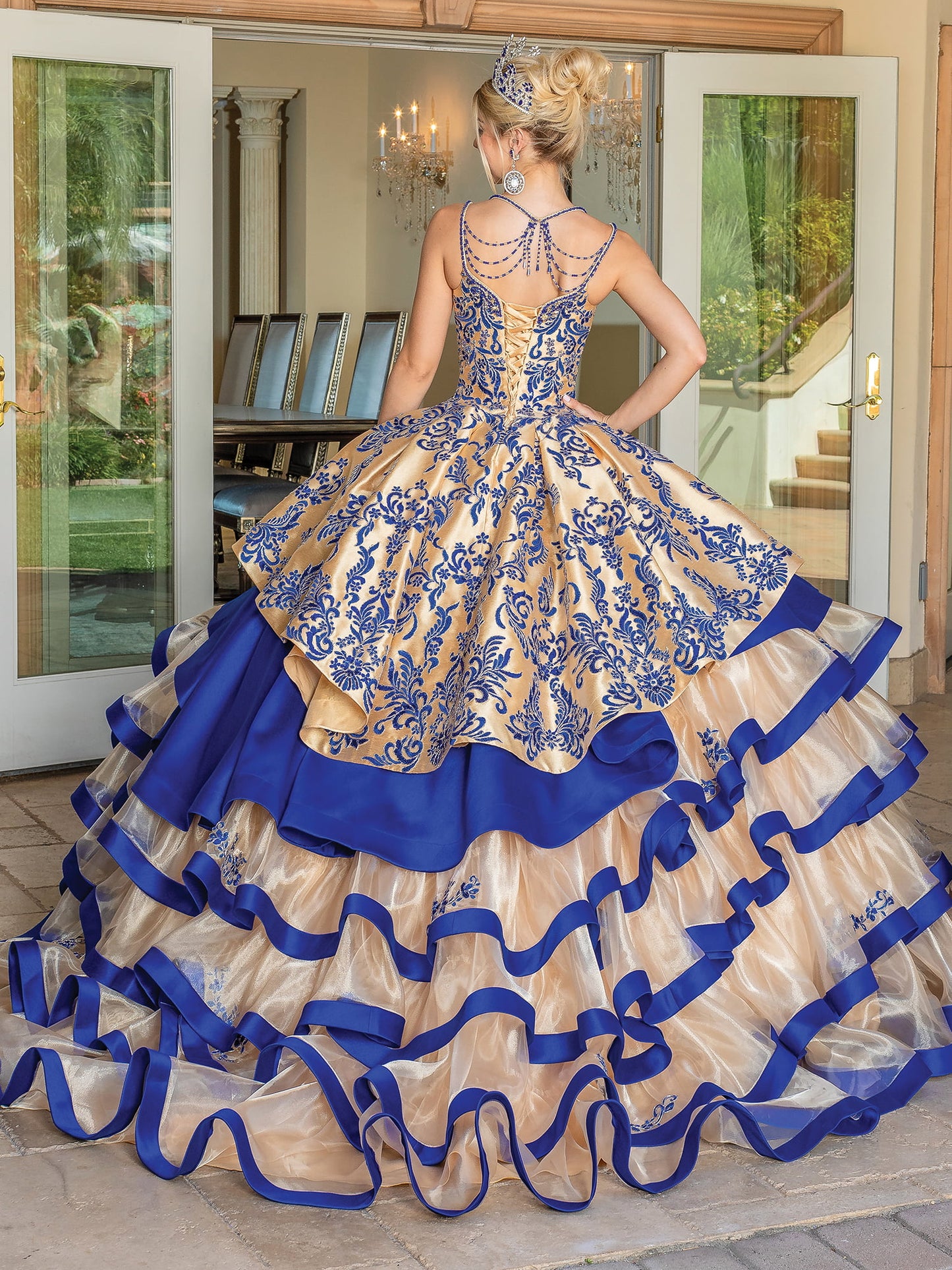 DQ25-1689 SLEEVELESS EMBROIDERED BODICE BALLGOWN WITH TIERED RIBBON-TRIMMED SKIRT