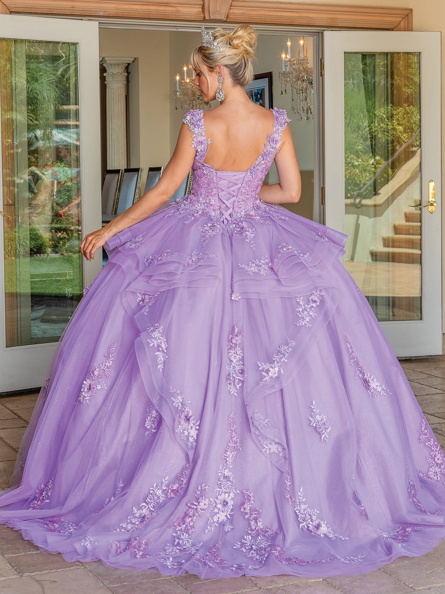 DQ25-1690 LAVISH TULLE BALL GOWN WITH FLORAL APPLIQUES