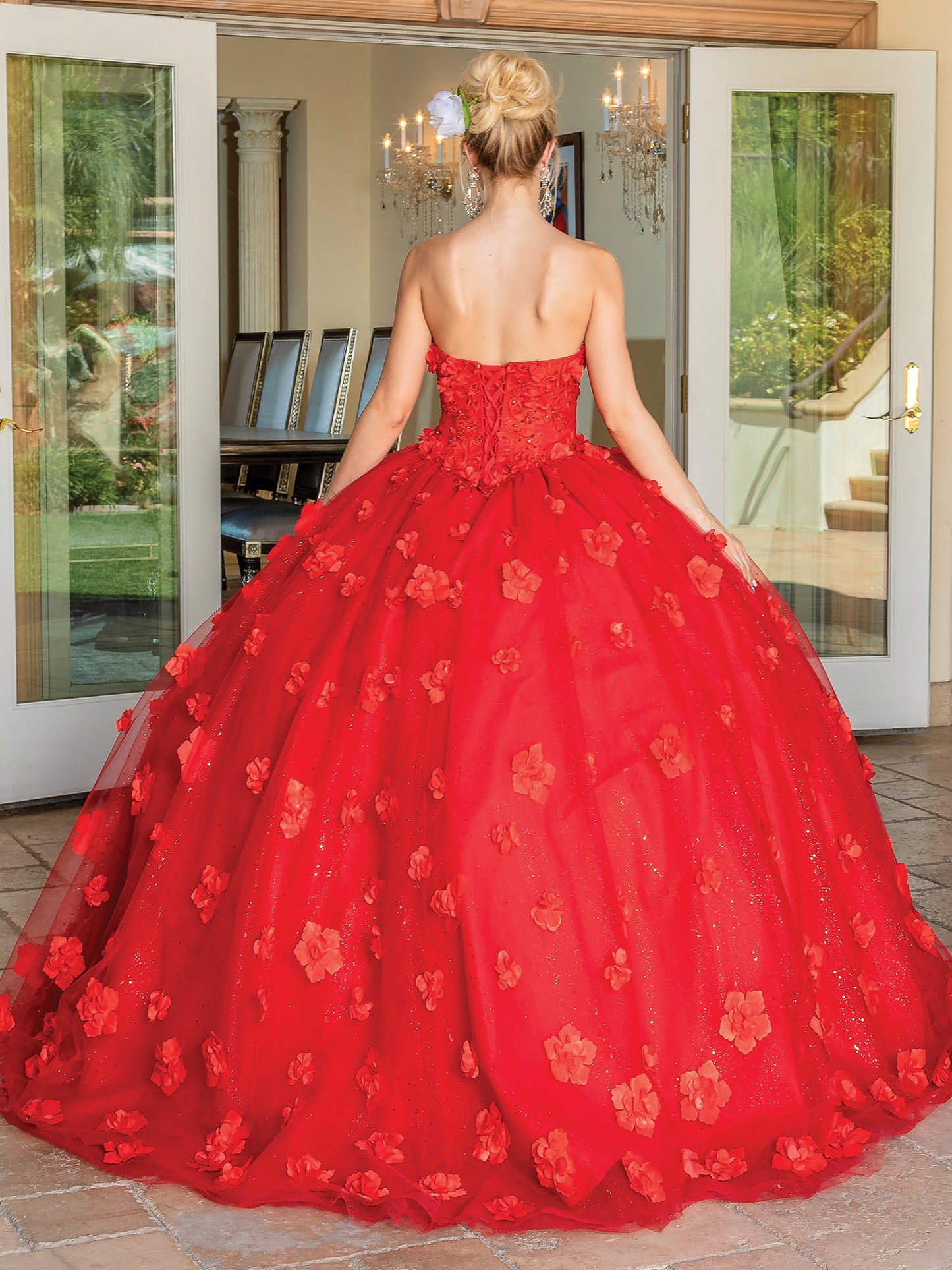 DQ25-1704 STRAPLESS FLORAL APPLIQUE BALLGOWN WITH GLITTER TULLE SKIRT