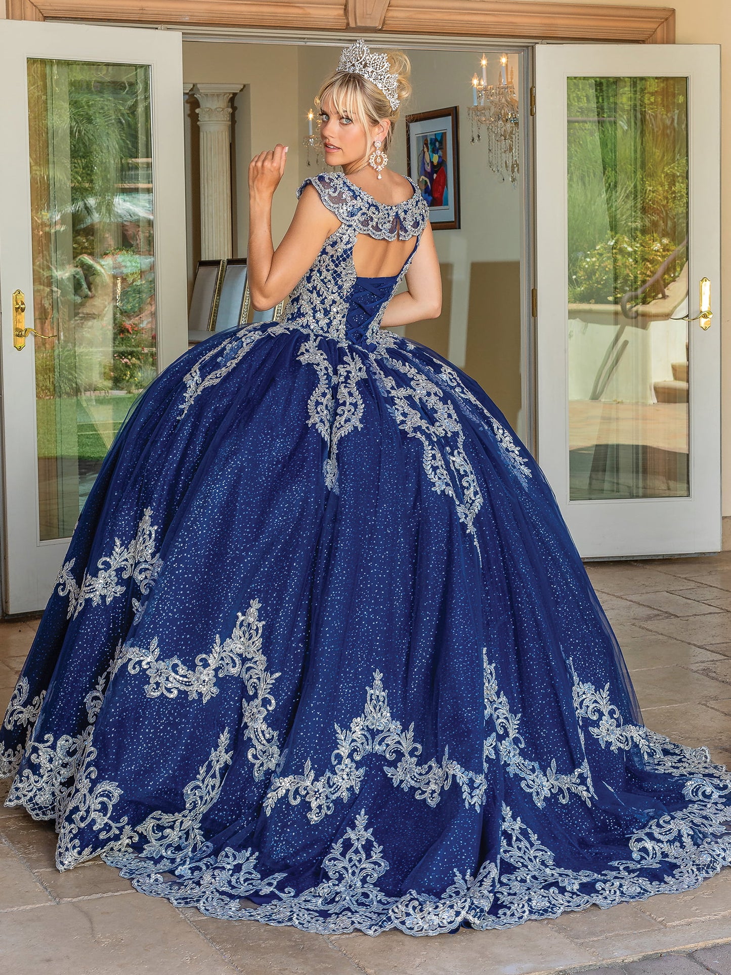 DQ25-1709 CAP-SLEEVED BEADED BALLGOWN WITH SCALLOPED NECKLINE AND EMBROIDERED SKIRT HEM