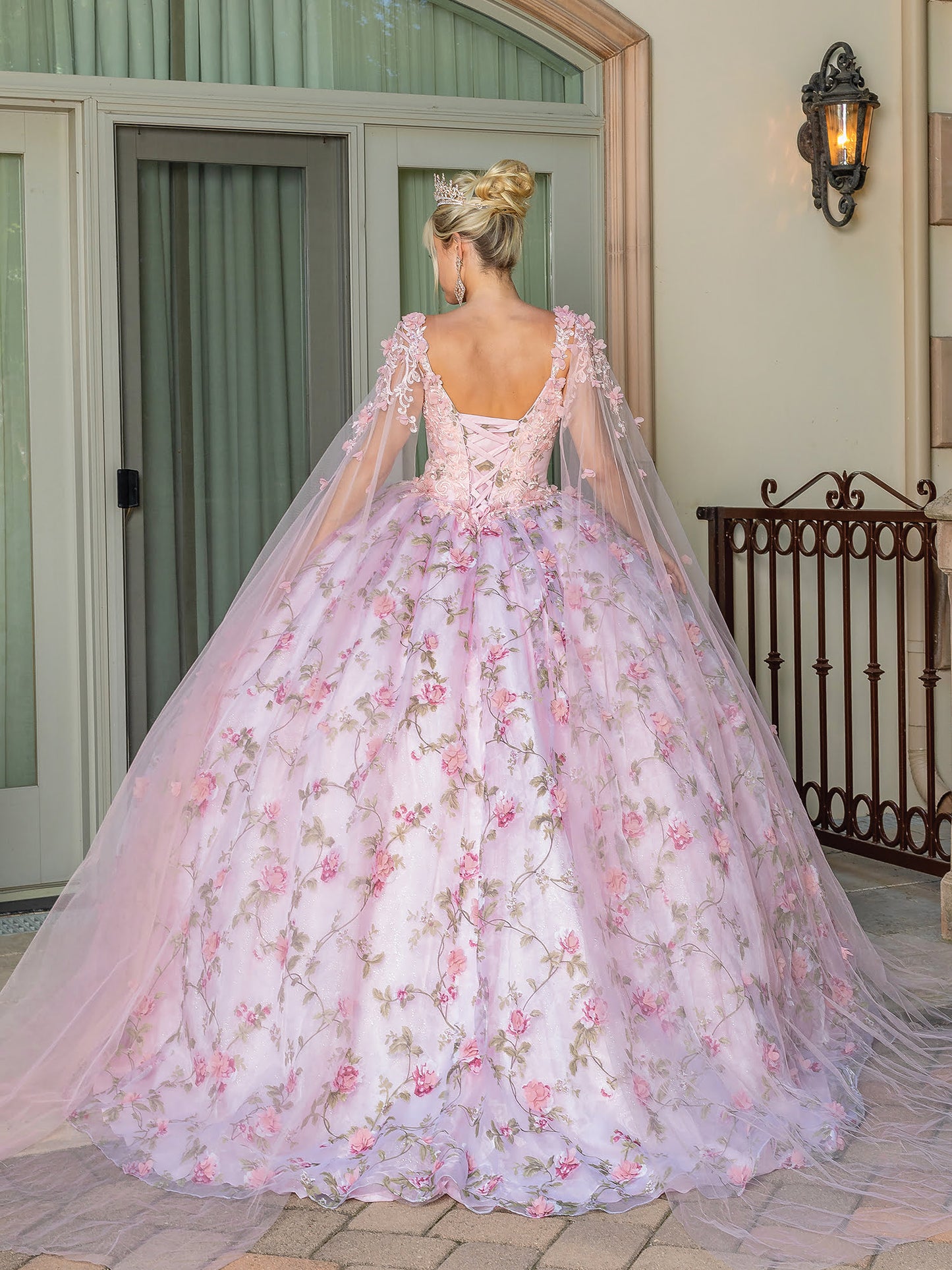 DQ25-1715 FLORAL EMBROIDERED A-LINE GOWN WITH BEADED BODICE, SHEER PUFF SLEEVES