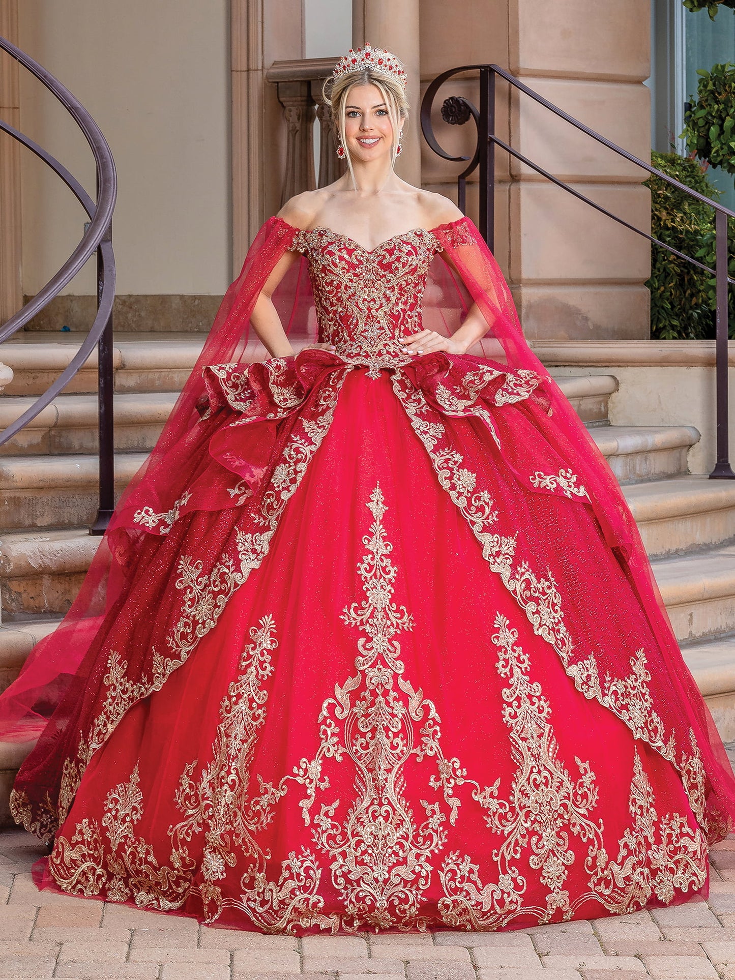 DQ25-1720 EMBROIDERED BALL GOWN WITH OFF-THE-SHOULDER ILLUSION NECKLINE