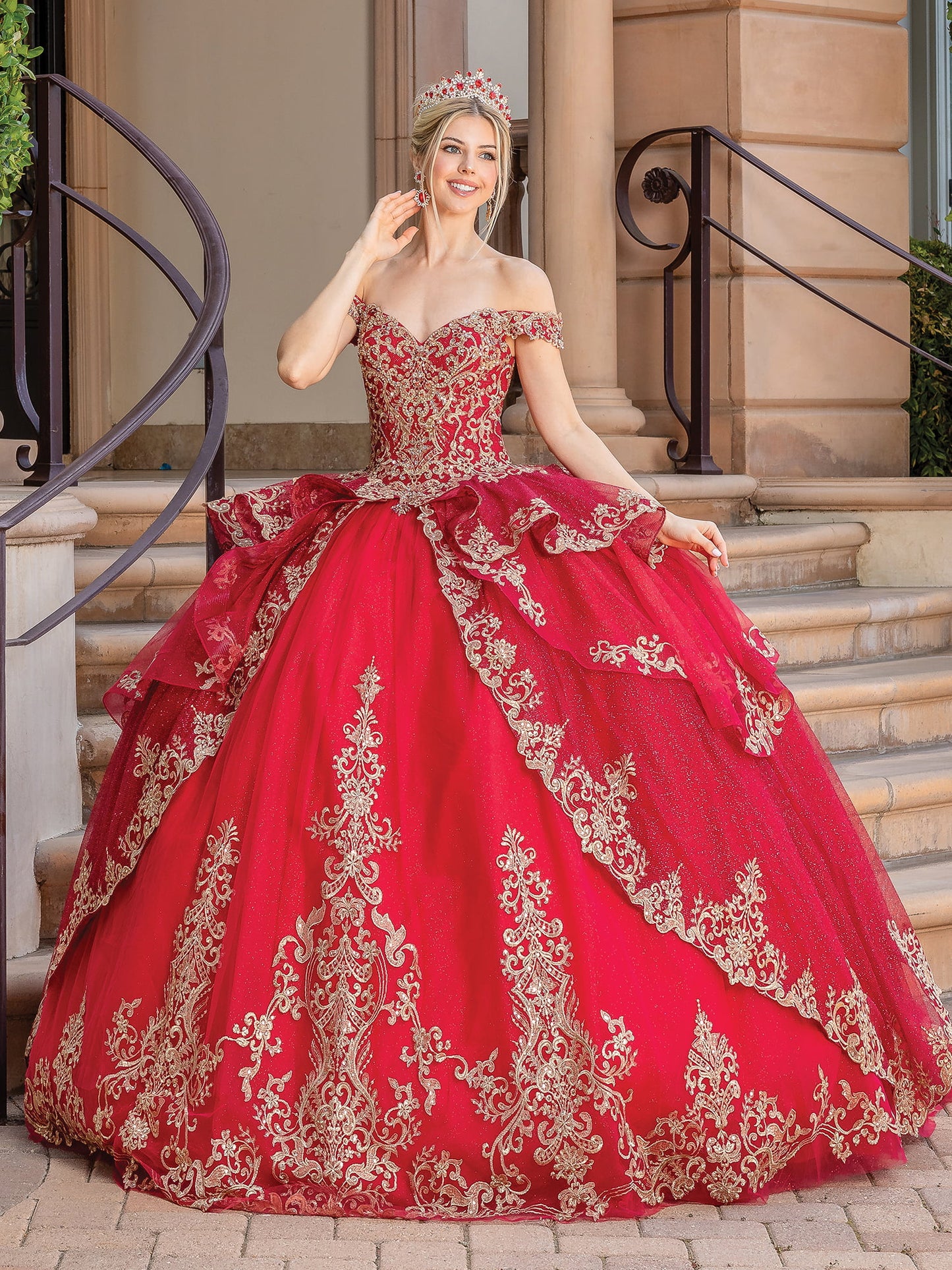 DQ25-1720 EMBROIDERED BALL GOWN WITH OFF-THE-SHOULDER ILLUSION NECKLINE