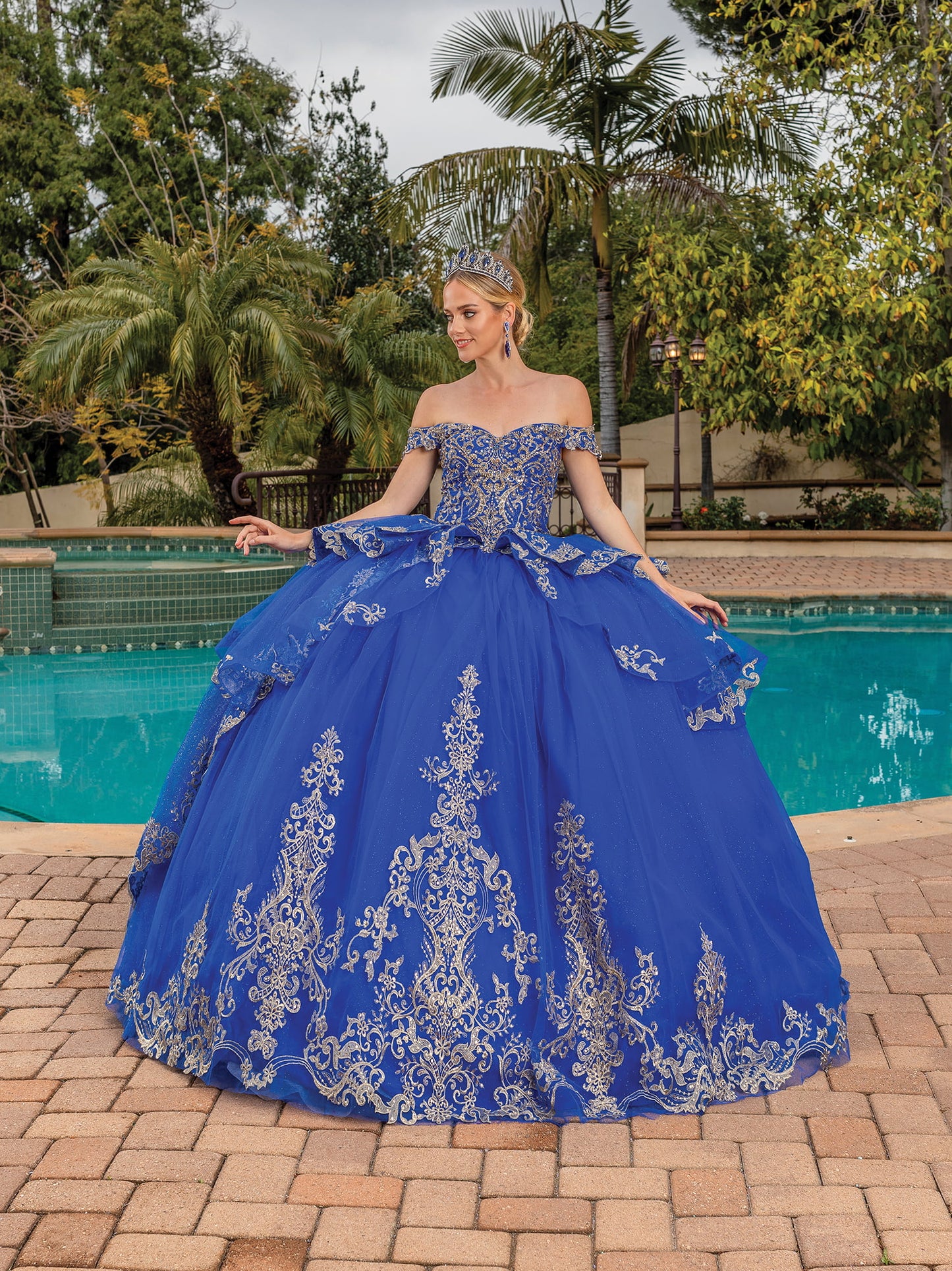 DQ25-1720 EMBROIDERED BALL GOWN WITH OFF-THE-SHOULDER ILLUSION NECKLINE