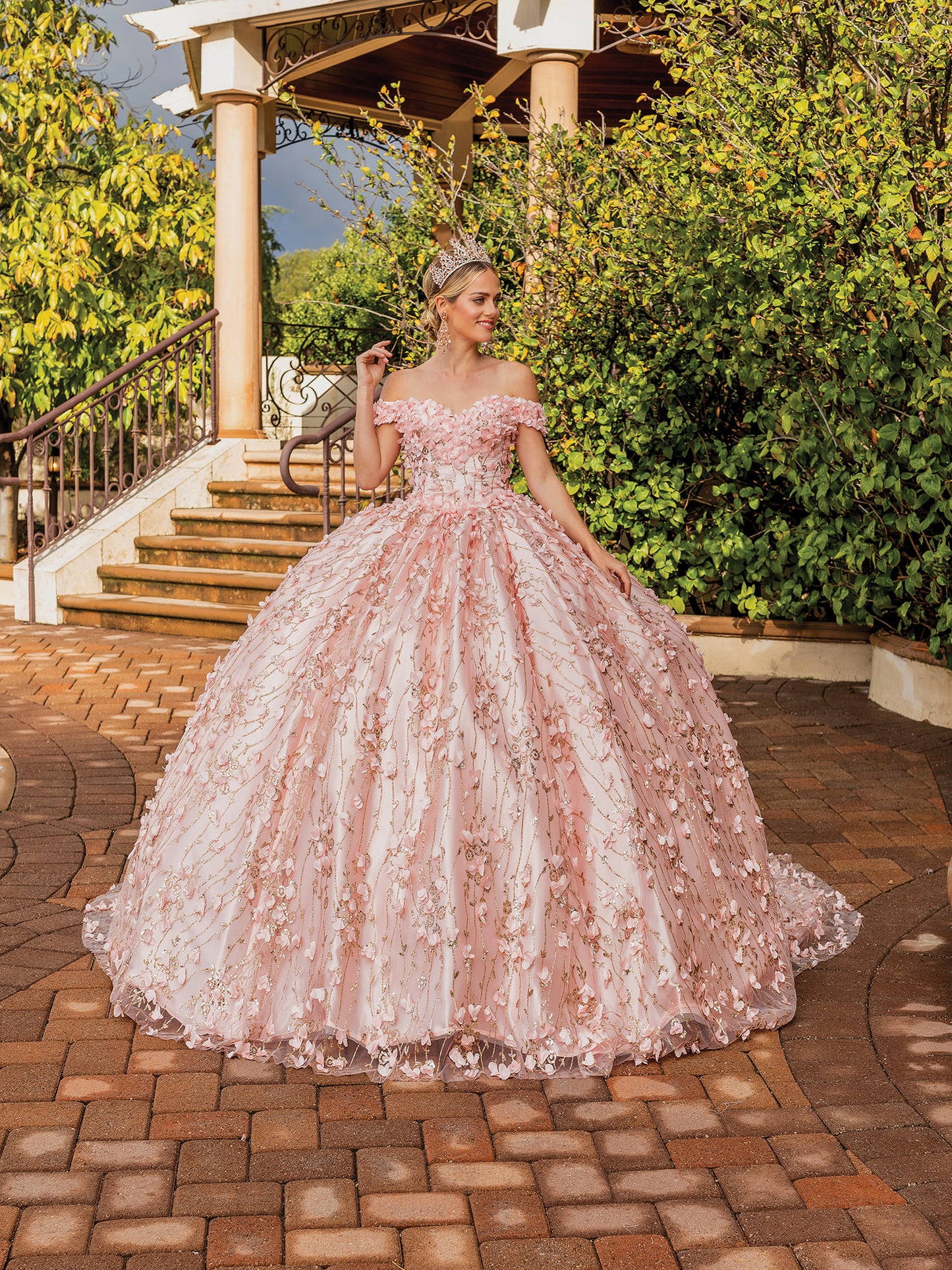 DQ25-1734 OFF-SHOULDER FLORAL APPLIQUE BALLGOWN WITH GLITTER TULLE OVERLAY