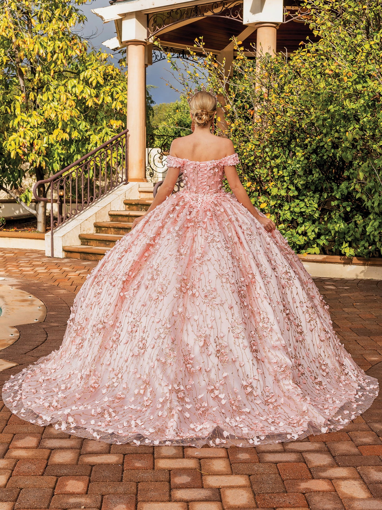 DQ25-1734 OFF-SHOULDER FLORAL APPLIQUE BALLGOWN WITH GLITTER TULLE OVERLAY
