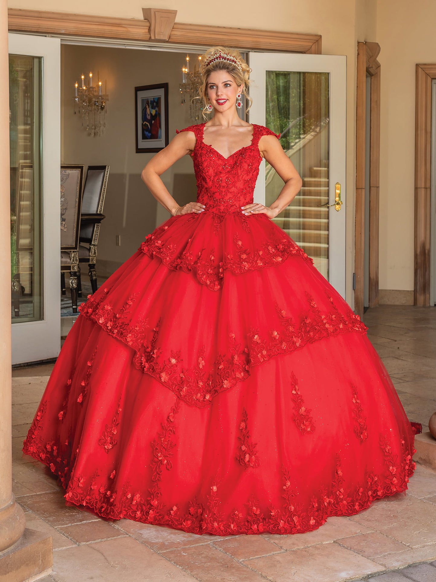 DQ25-1735 CAP-SLEEVE LACE APPLIQUE BALL GOWN