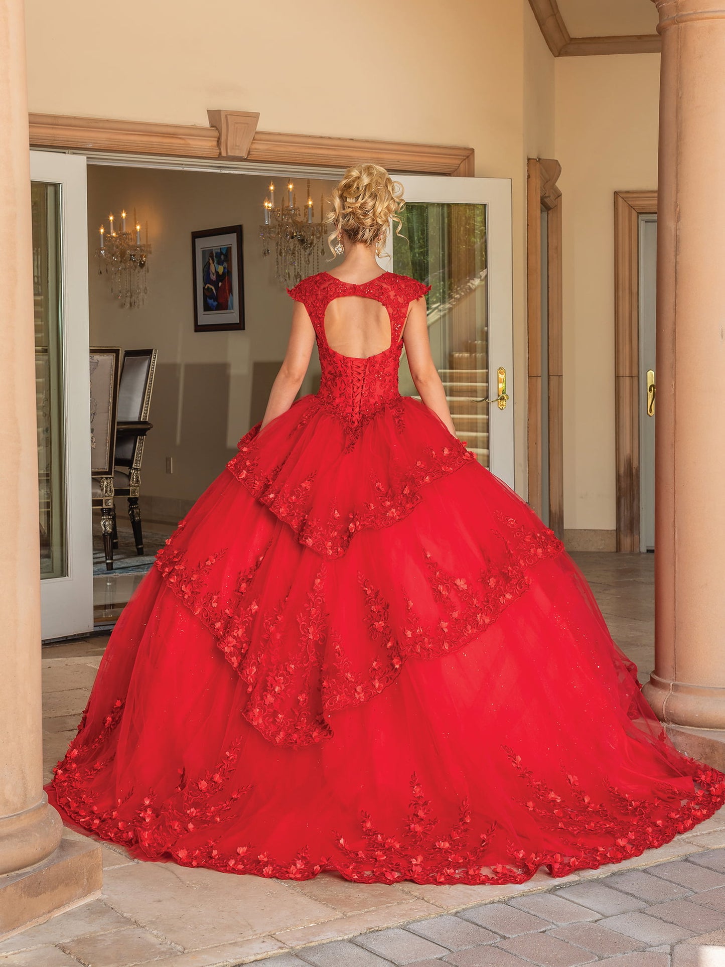 DQ25-1735 CAP-SLEEVE LACE APPLIQUE BALL GOWN
