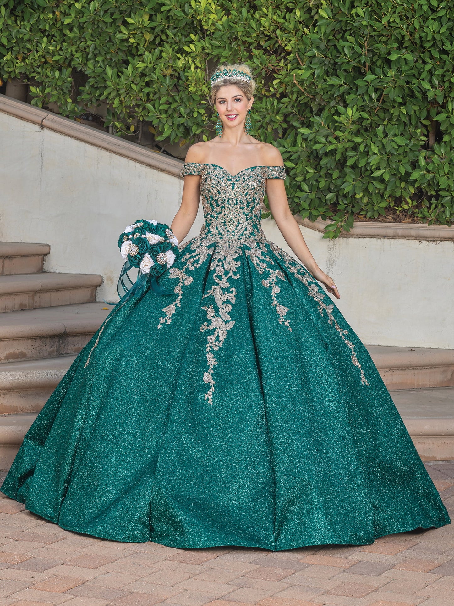 DQ25-1753 OFF-THE-SHOULDER GLITTER BALL GOWN WITH EMBELLISHED LACE APPLIQUES