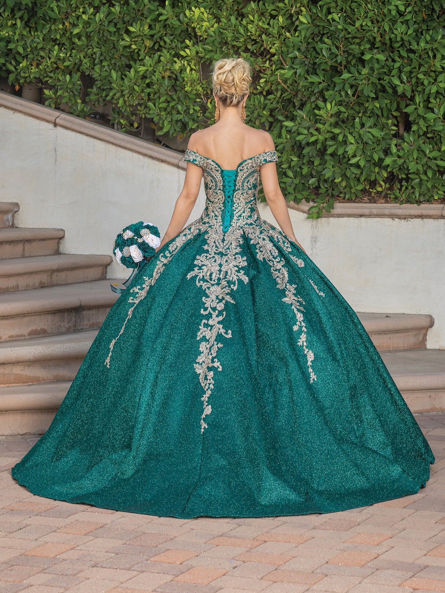 DQ25-1753 OFF-THE-SHOULDER GLITTER BALL GOWN WITH EMBELLISHED LACE APPLIQUES