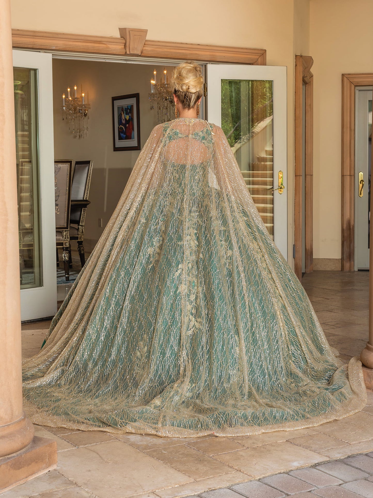 DQ25-1755 ELEGANT FLOOR-LENGTH GOWN WITH SHEER OVERLAY AND EMBELLISHED APPLIQUES