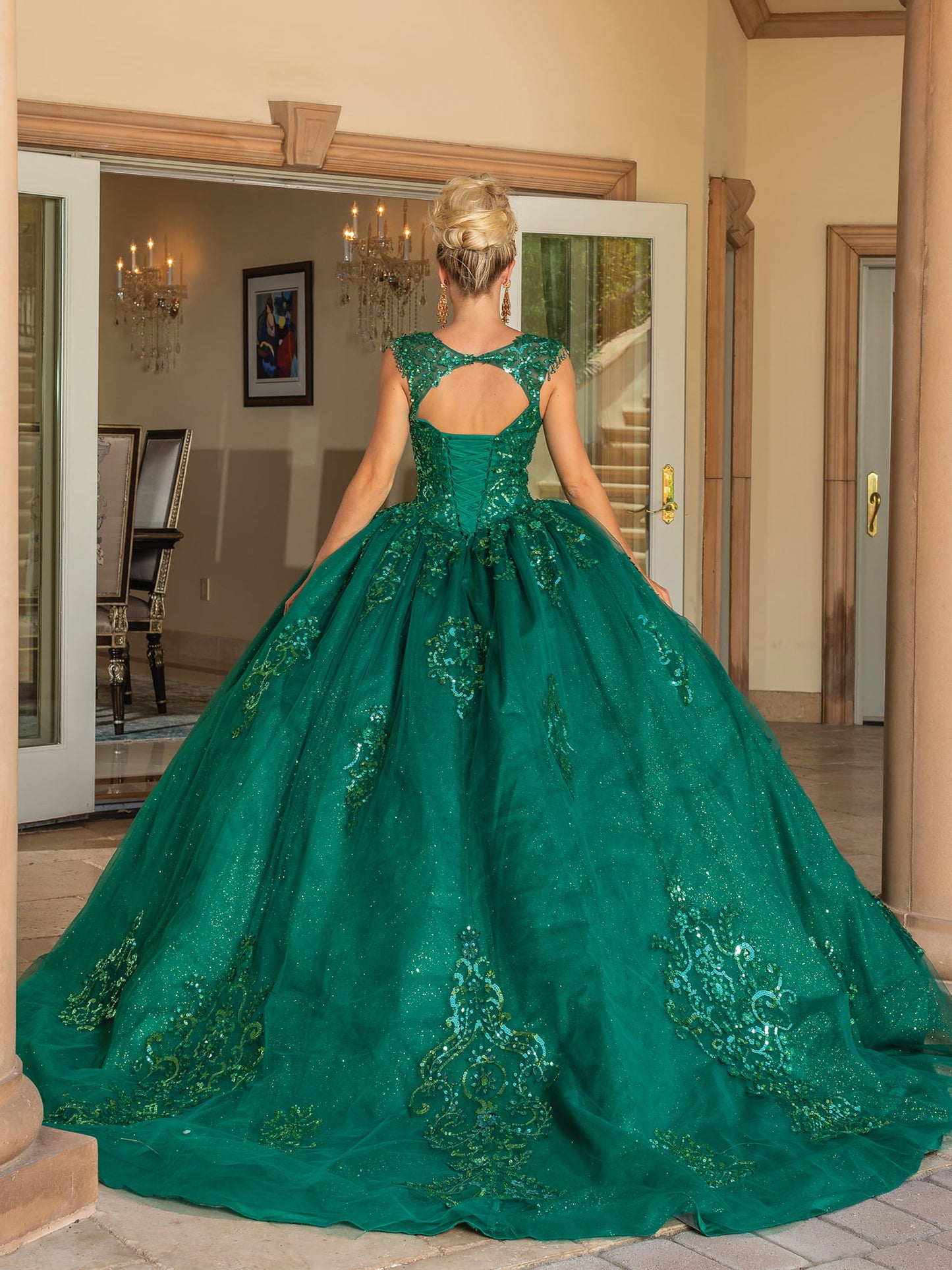 DQ25-1758 KEYHOLE BACK BALLGOWN WITH BEADED LACE BODICE