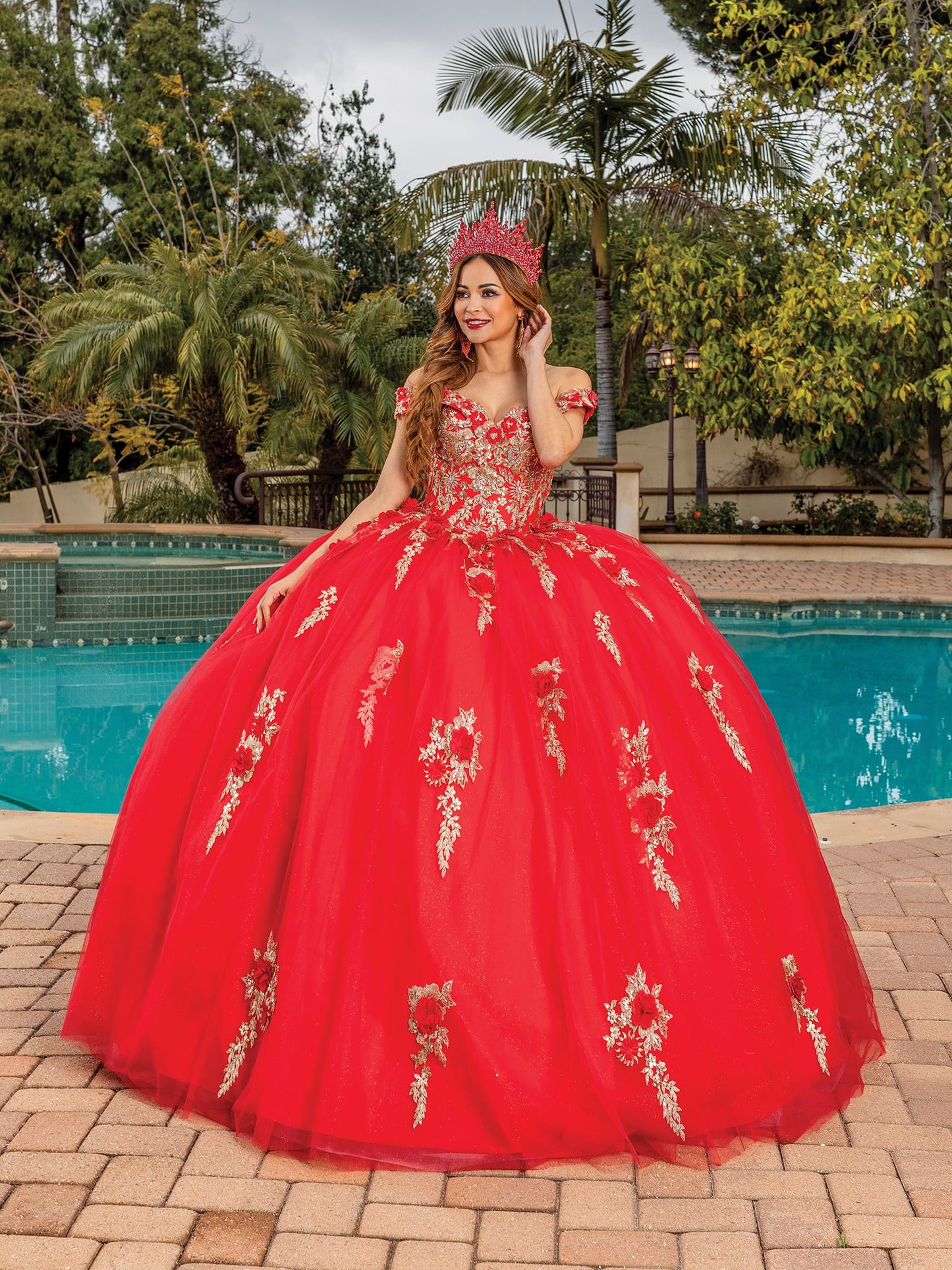 DQ25-1760 OFF-THE-SHOULDER BALL GOWN WITH FLORAL APPLIQUES