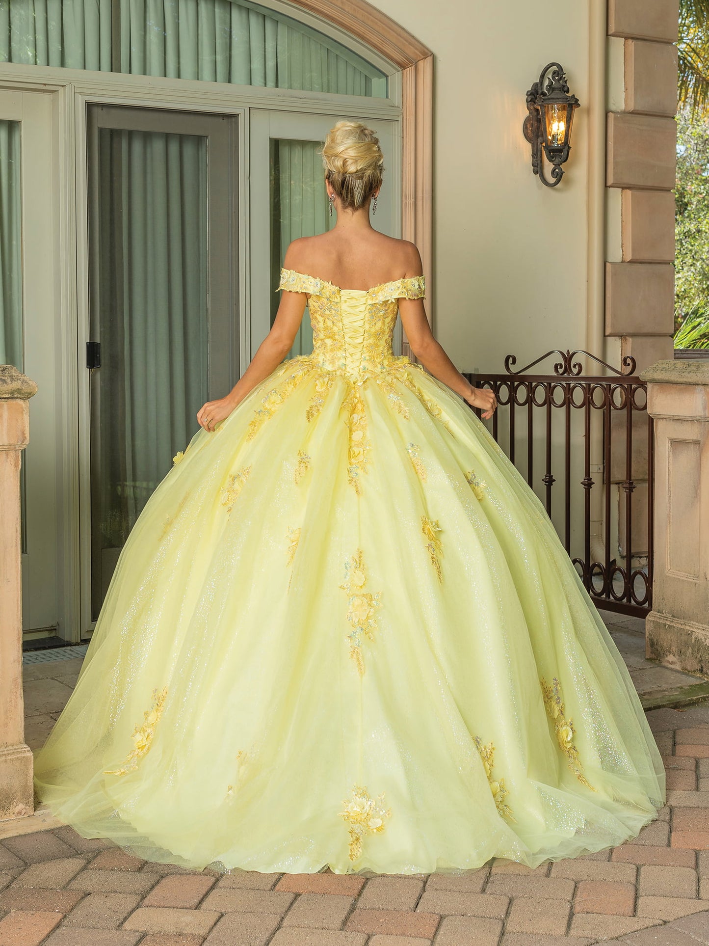 DQ25-1760 OFF-THE-SHOULDER BALL GOWN WITH FLORAL APPLIQUES