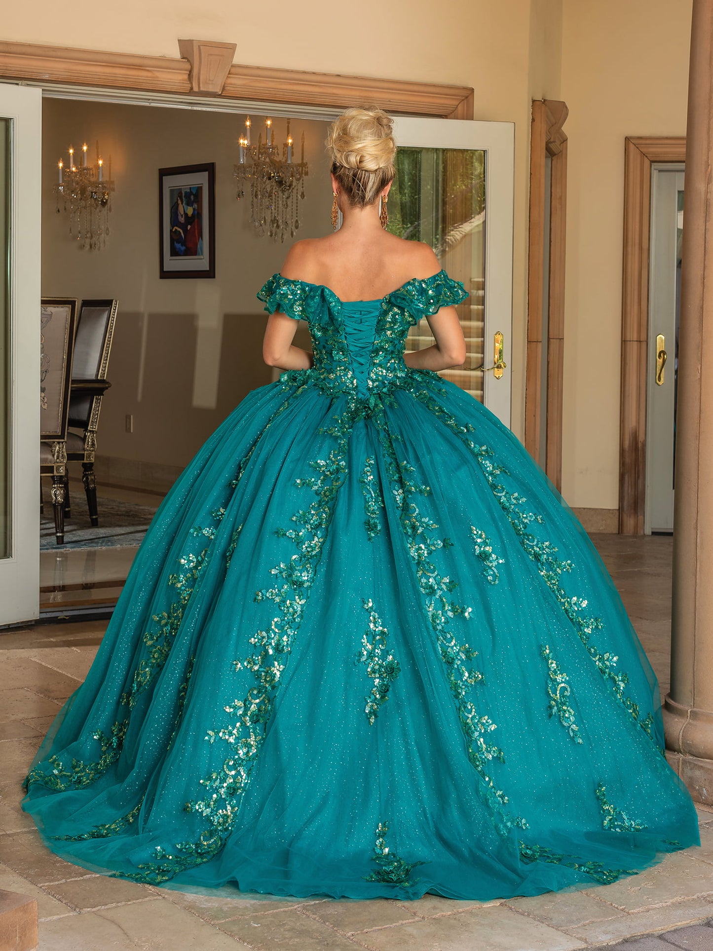 DQ25-1766 OPULENT OFF-THE-SHOULDER BALL GOWN WITH FLORAL EMBELLISHMENTS