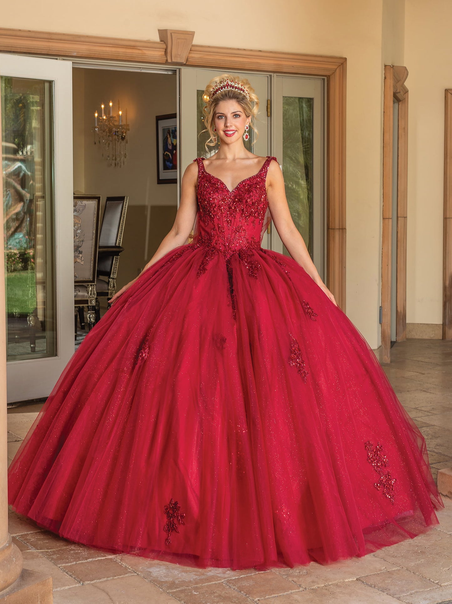 DQ25-1767 V-NECK BALL GOWN WITH BEADED EMBROIDERY