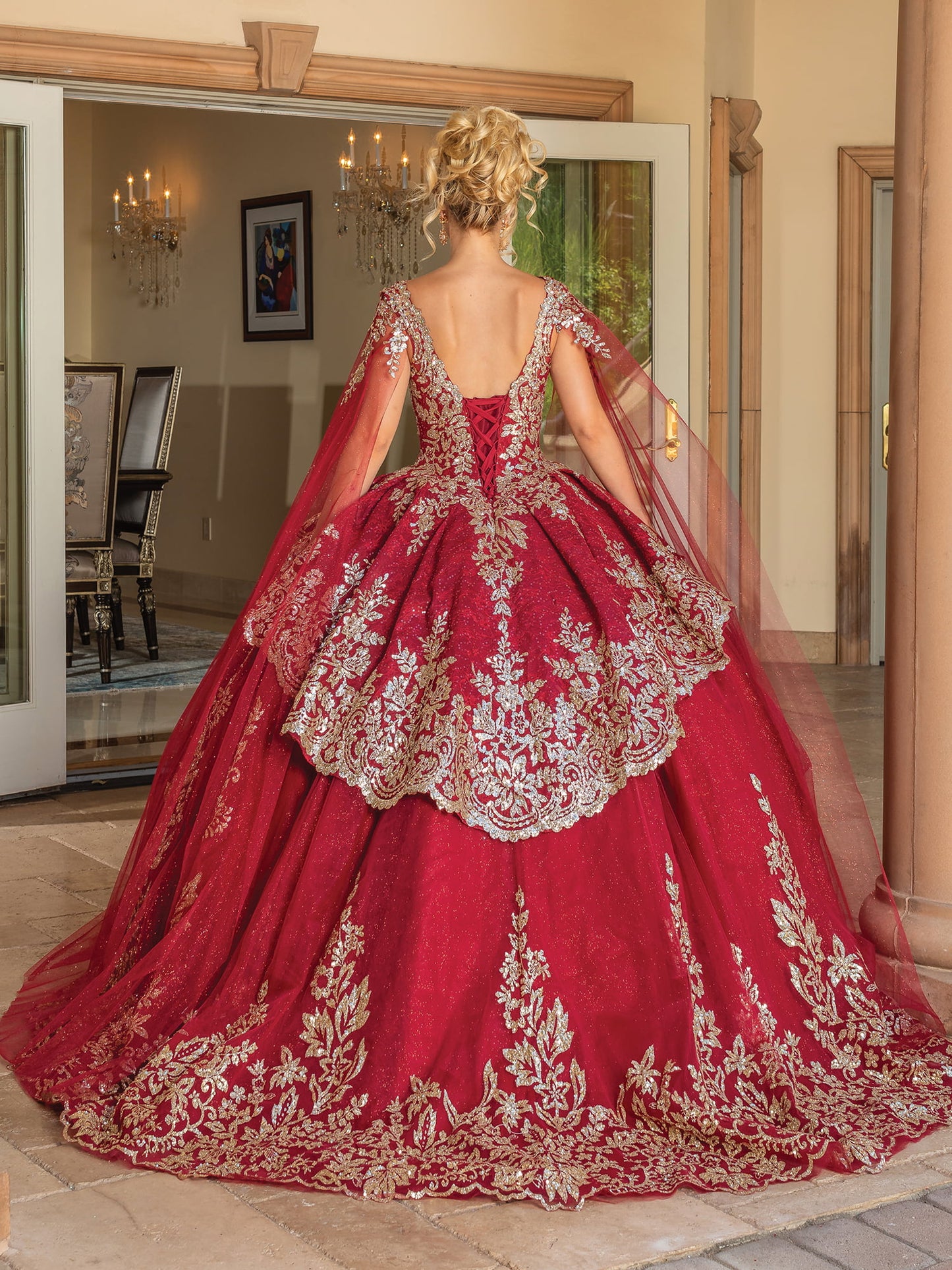 DQ25-1781 FLORAL EMBELLISHED BALL GOWN WITH SHEER LONG SLEEVES