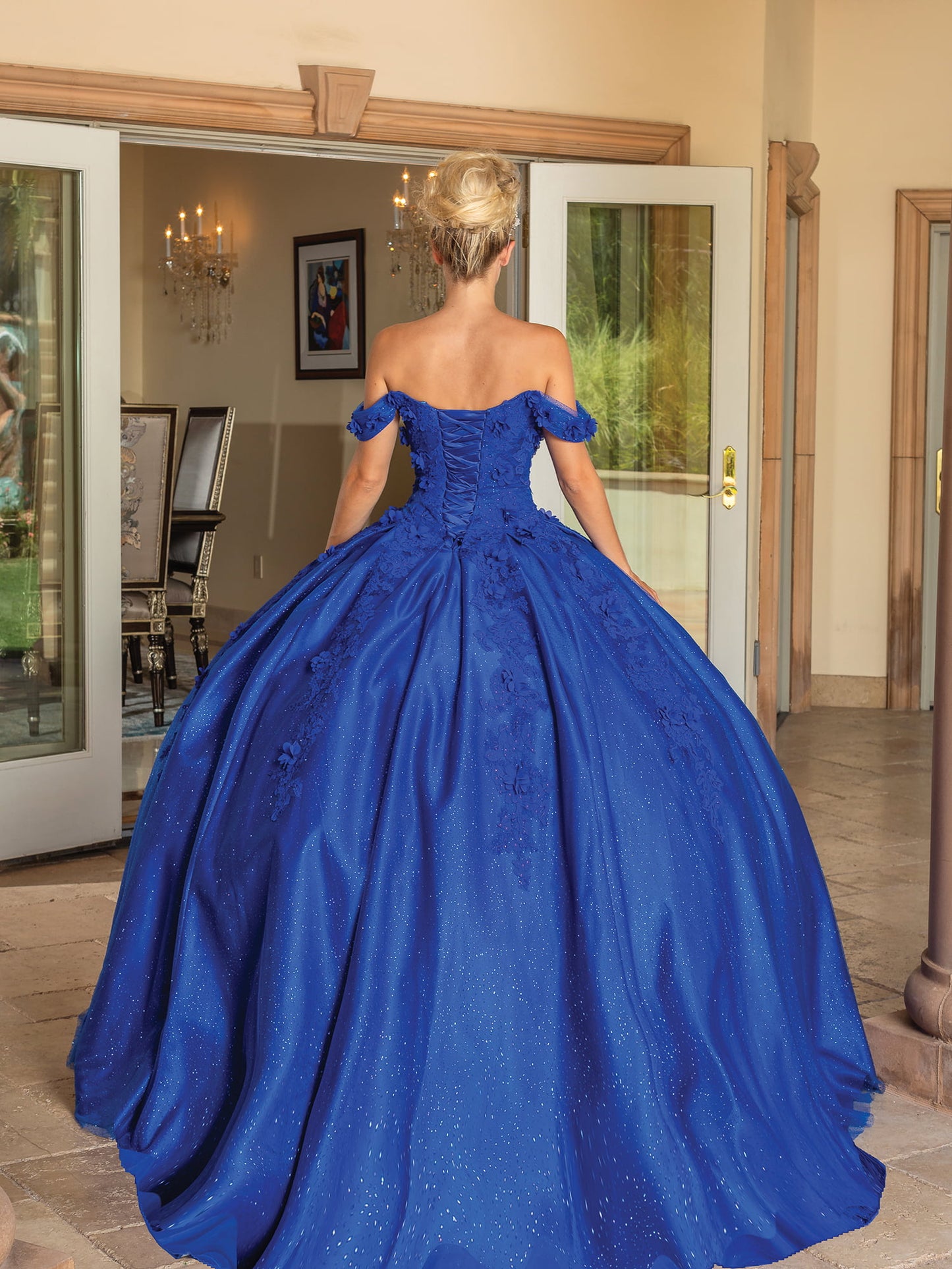DQ25-1790 OFF-THE-SHOULDER BALL GOWN WITH FLORAL APPLIQUES