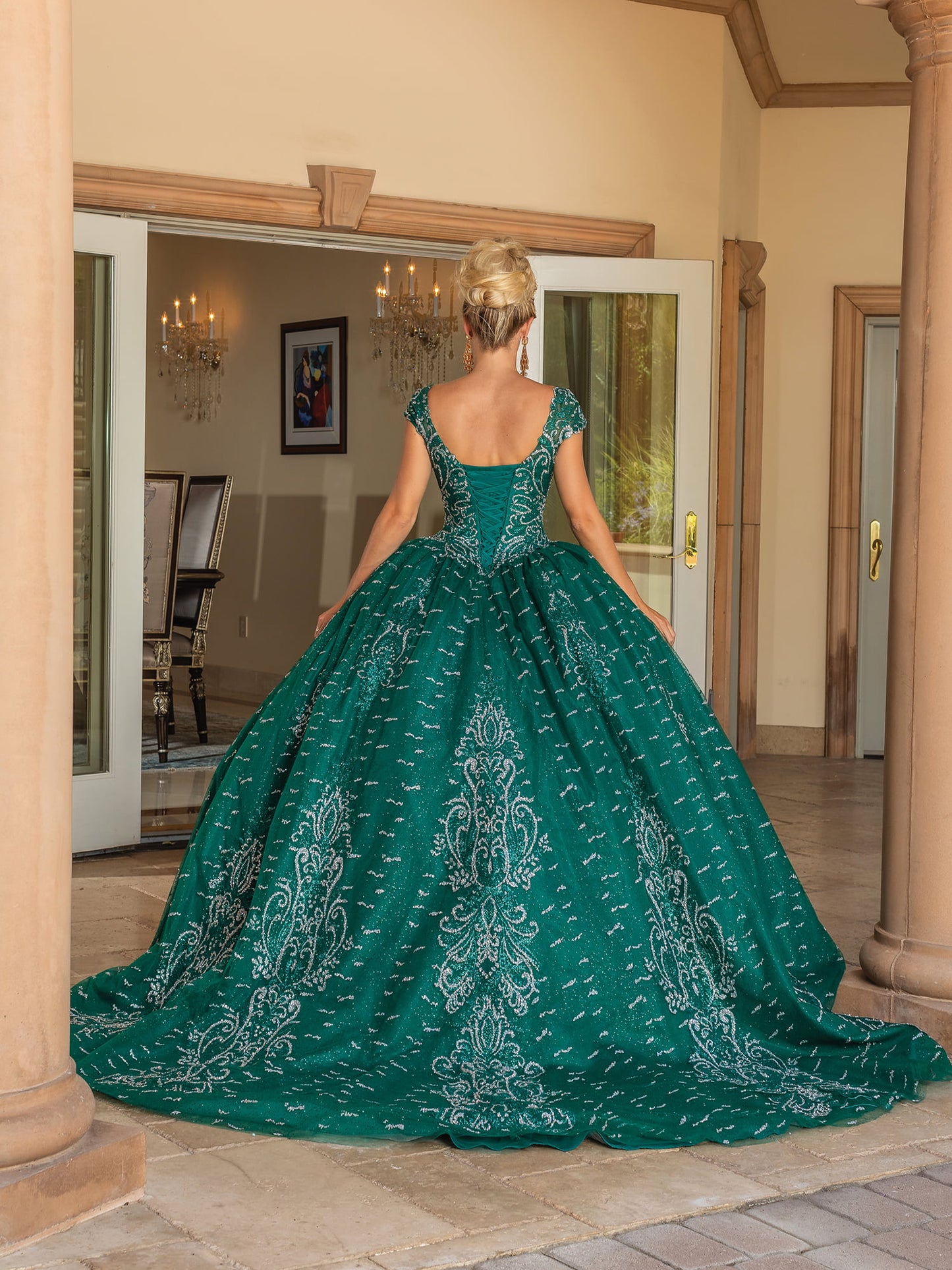 DQ25-1805 ELEGANT SCOOP BACK BALL GOWN WITH EMBROIDERED OVERLAY