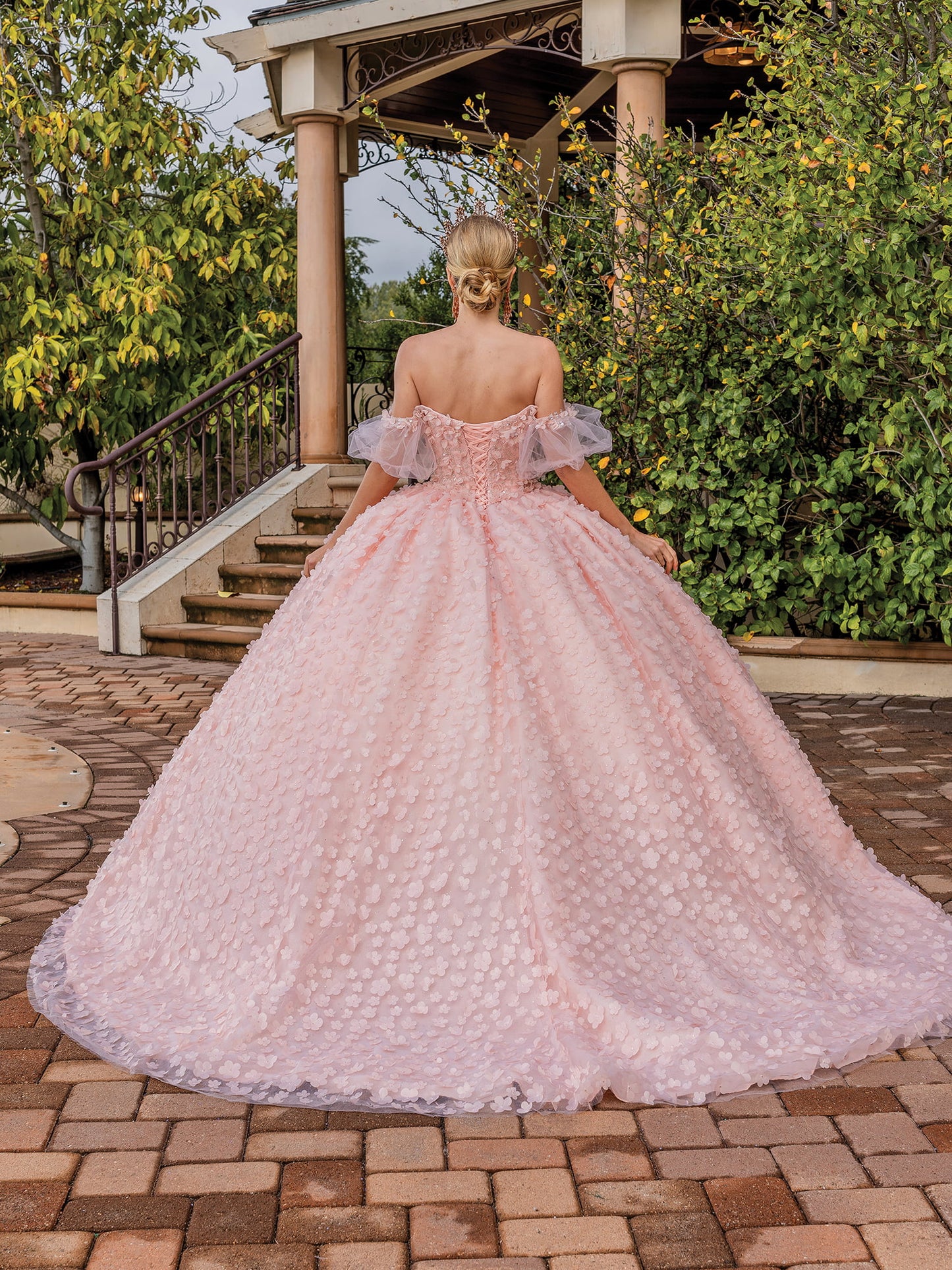 DQ25-1810 ROMANTIC OFF-SHOULDER BALL GOWN WITH FLORAL APPLIQUES