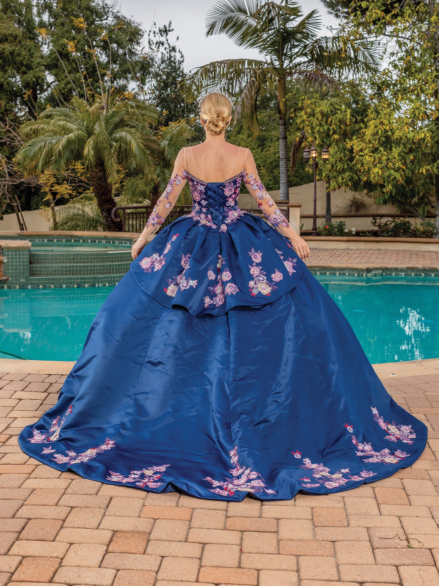 DQ25-1816 LUXURIOUS FLORAL APPLIQUE BALLGOWN WITH SHEER LONG SLEEVES