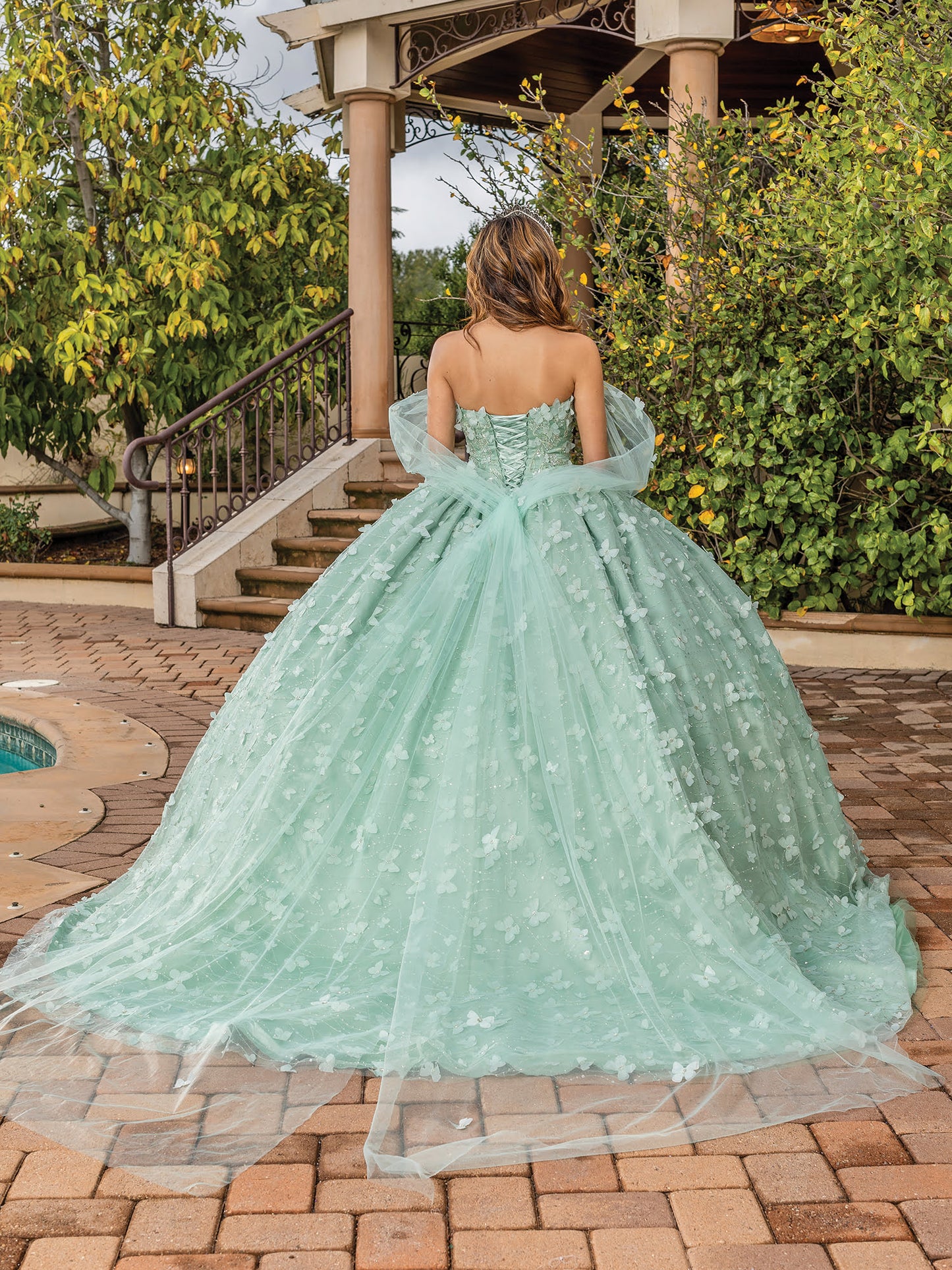 DQ25-1820 ROMANTIC OFF-SHOULDER BALL GOWN WITH FLORAL APPLIQUES