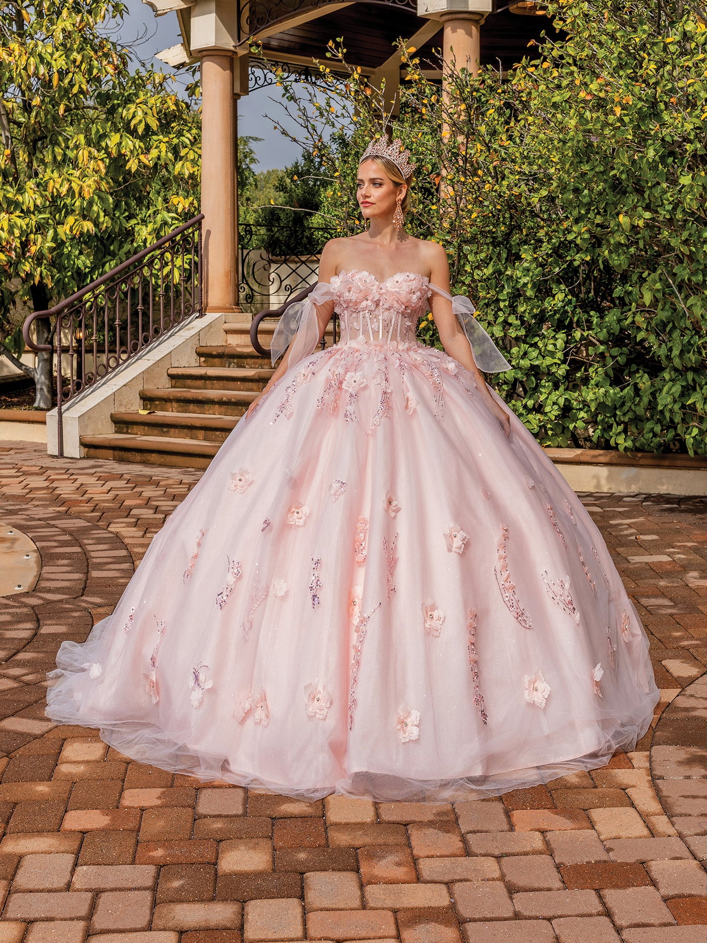 DQ25-1825 OFF-SHOULDER BALL GOWN WITH EMBROIDERED FLORAL APPLIQUES