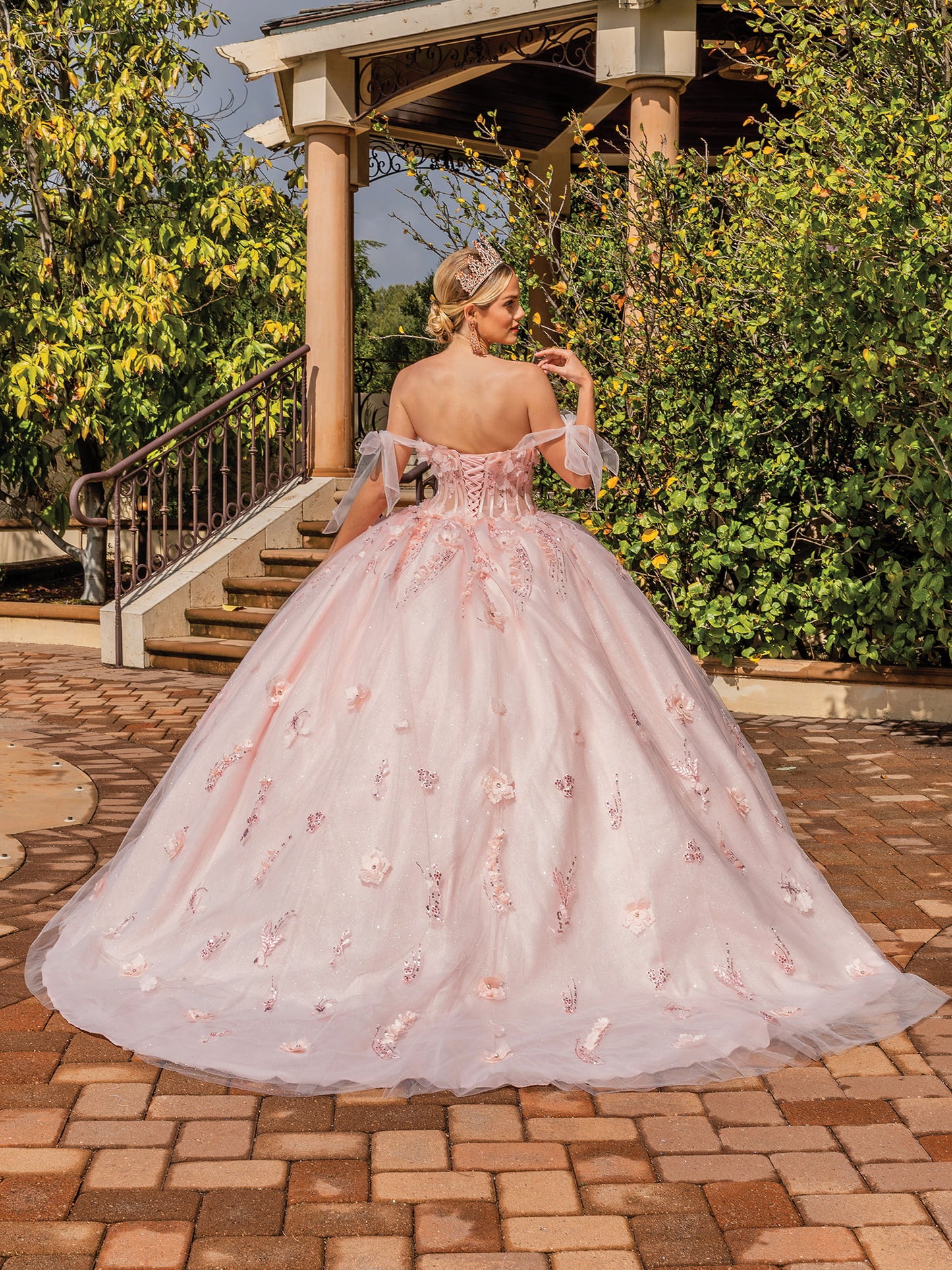 DQ25-1825 OFF-SHOULDER BALL GOWN WITH EMBROIDERED FLORAL APPLIQUES
