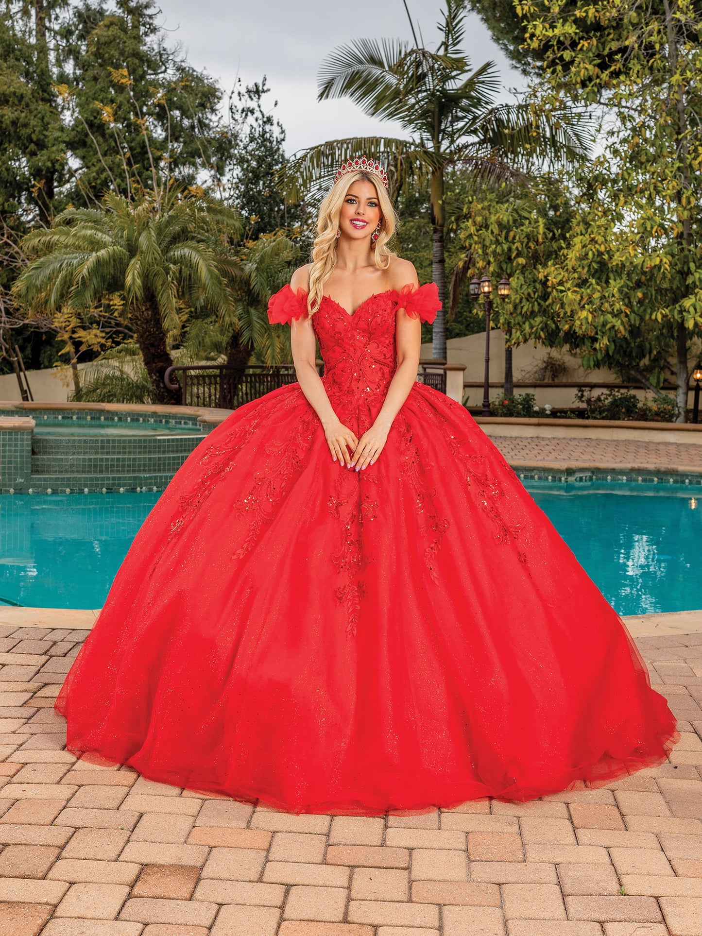 DQ25-1834 OFF-THE-SHOULDER SATIN GOWN WITH EMBROIDERED LACE BODICE