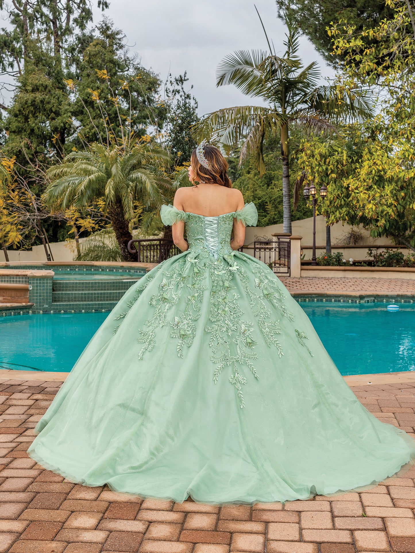 DQ25-1834 OFF-THE-SHOULDER SATIN GOWN WITH EMBROIDERED LACE BODICE