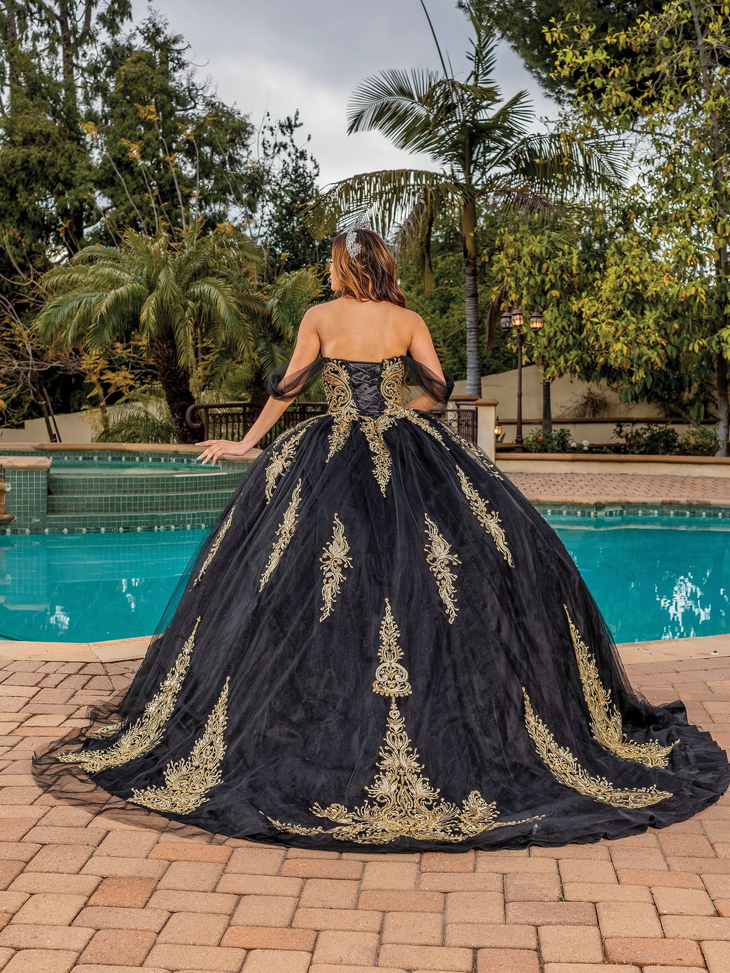 DQ25-1839 EMBROIDERED BODICE BALL GOWN WITH SHEER LONG SLEEVES
