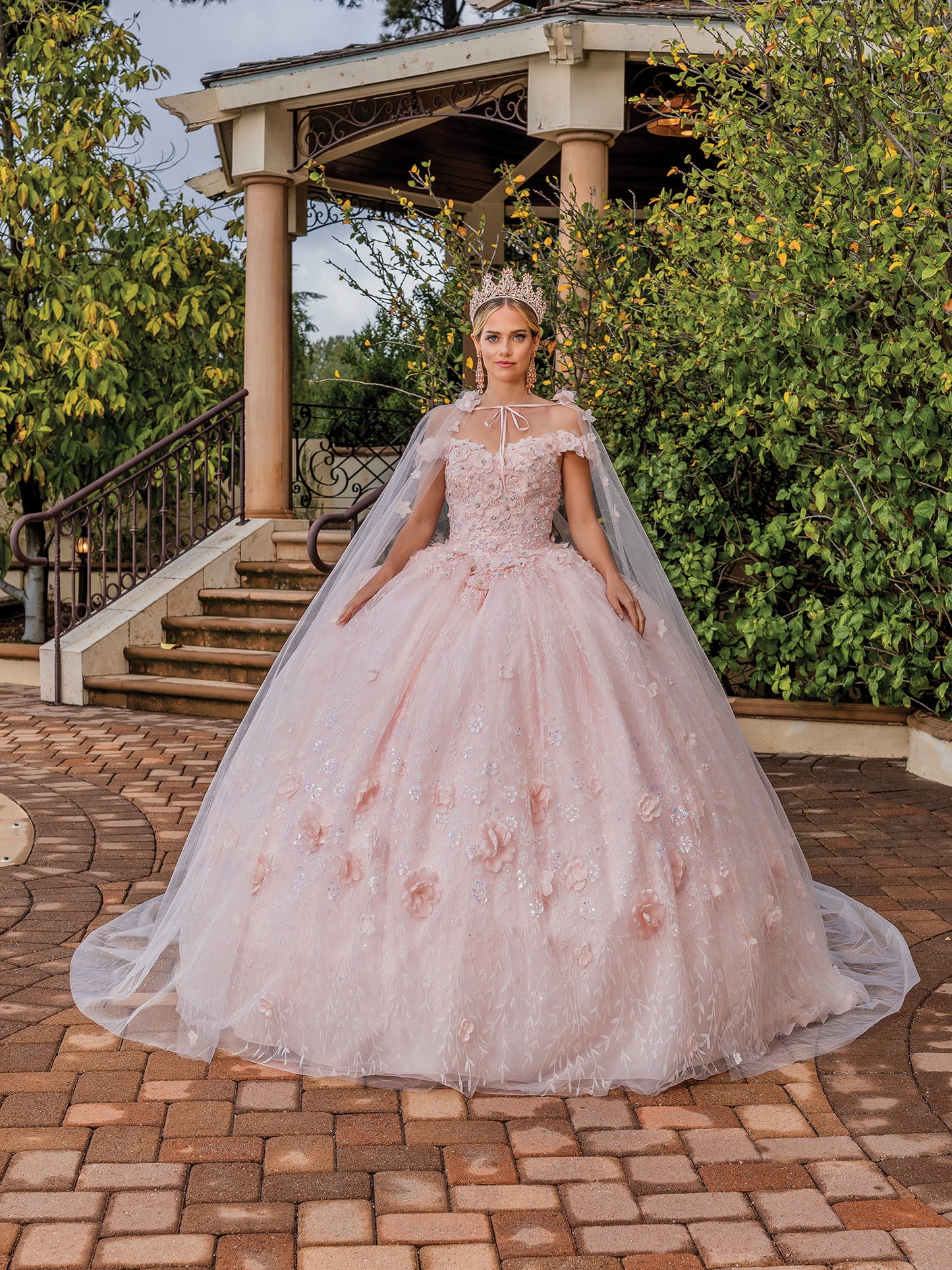 DQ25-1842 FLORAL APPLIQUE EMBELLISHED GOWN WITH SHEER FULL-LENGTH SLEEVES