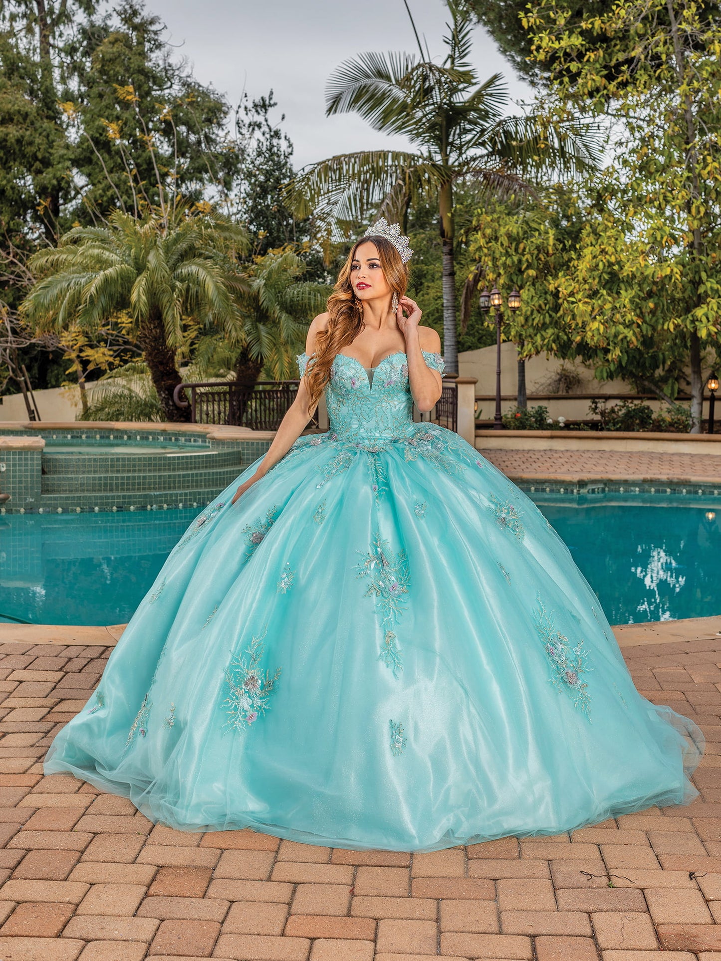 DQ25-1850 OFF-THE-SHOULDER BALLGOWN WITH BEADED CORSET BODICE