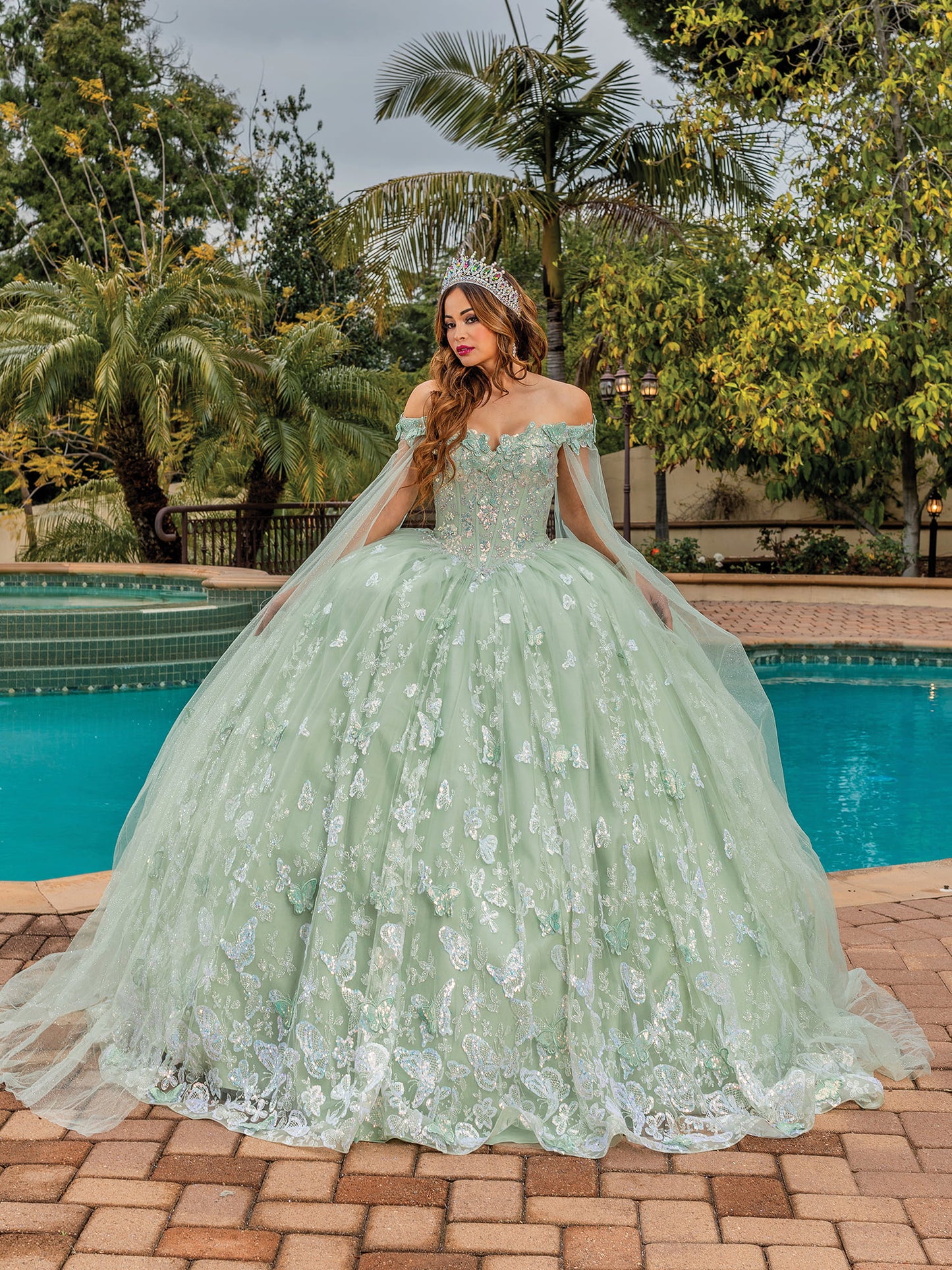 DQ25-1852 TULLE QUINCEAÑERA GOWN WITH FLORAL APPLIQUES, OFF-THE-SHOULDER SLEEVES