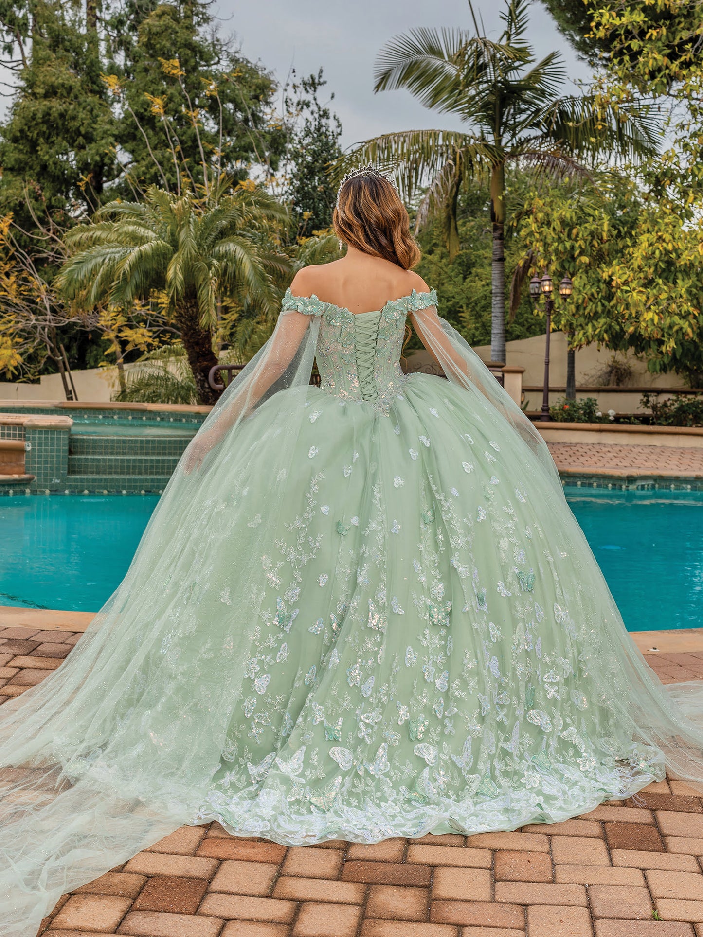 DQ25-1852 TULLE QUINCEAÑERA GOWN WITH FLORAL APPLIQUES, OFF-THE-SHOULDER SLEEVES