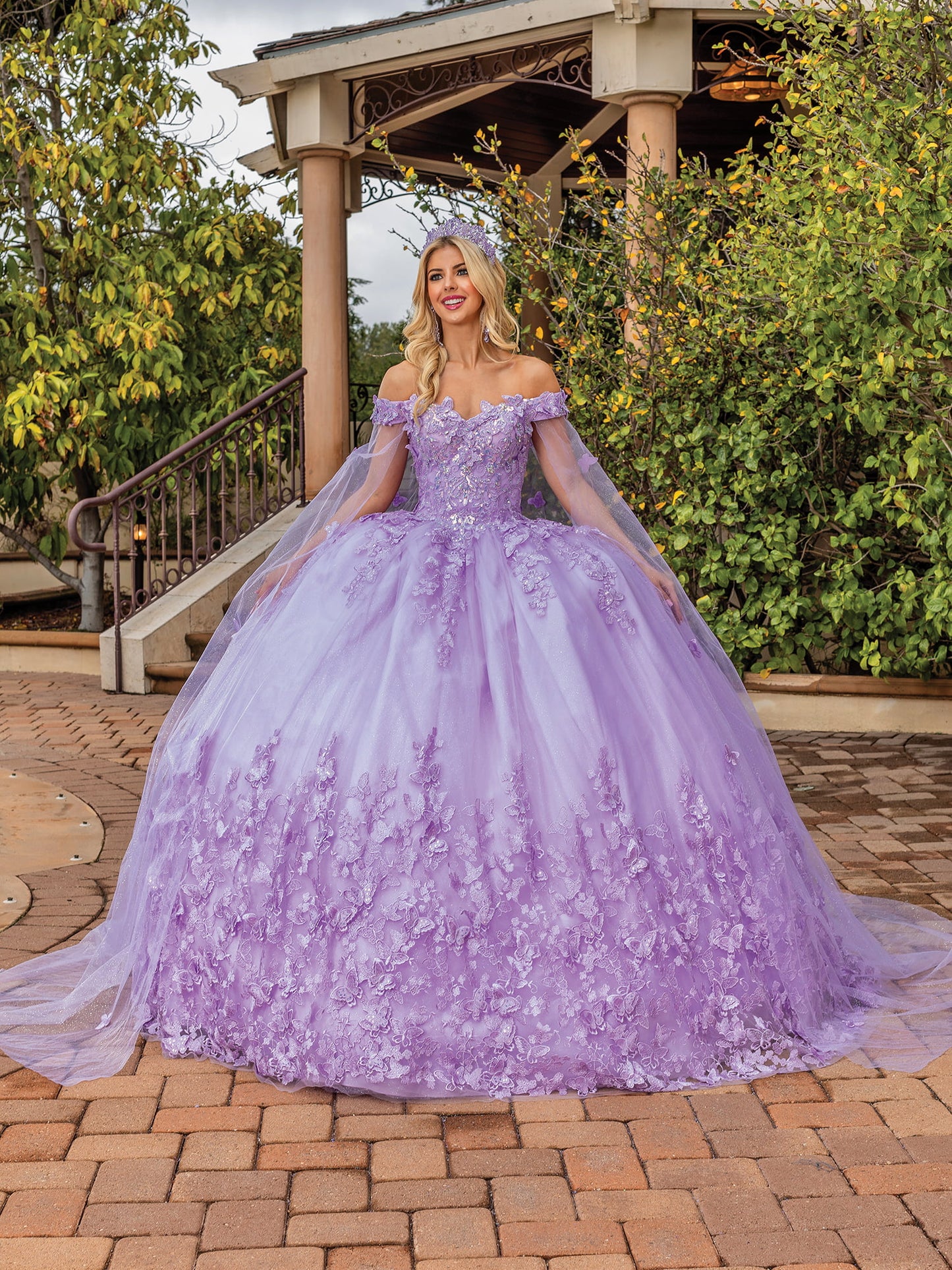 DQ25-1860 FLORAL EMBROIDERED QUINCEAÑERA GOWN WITH OFF-SHOULDER SLEEVES