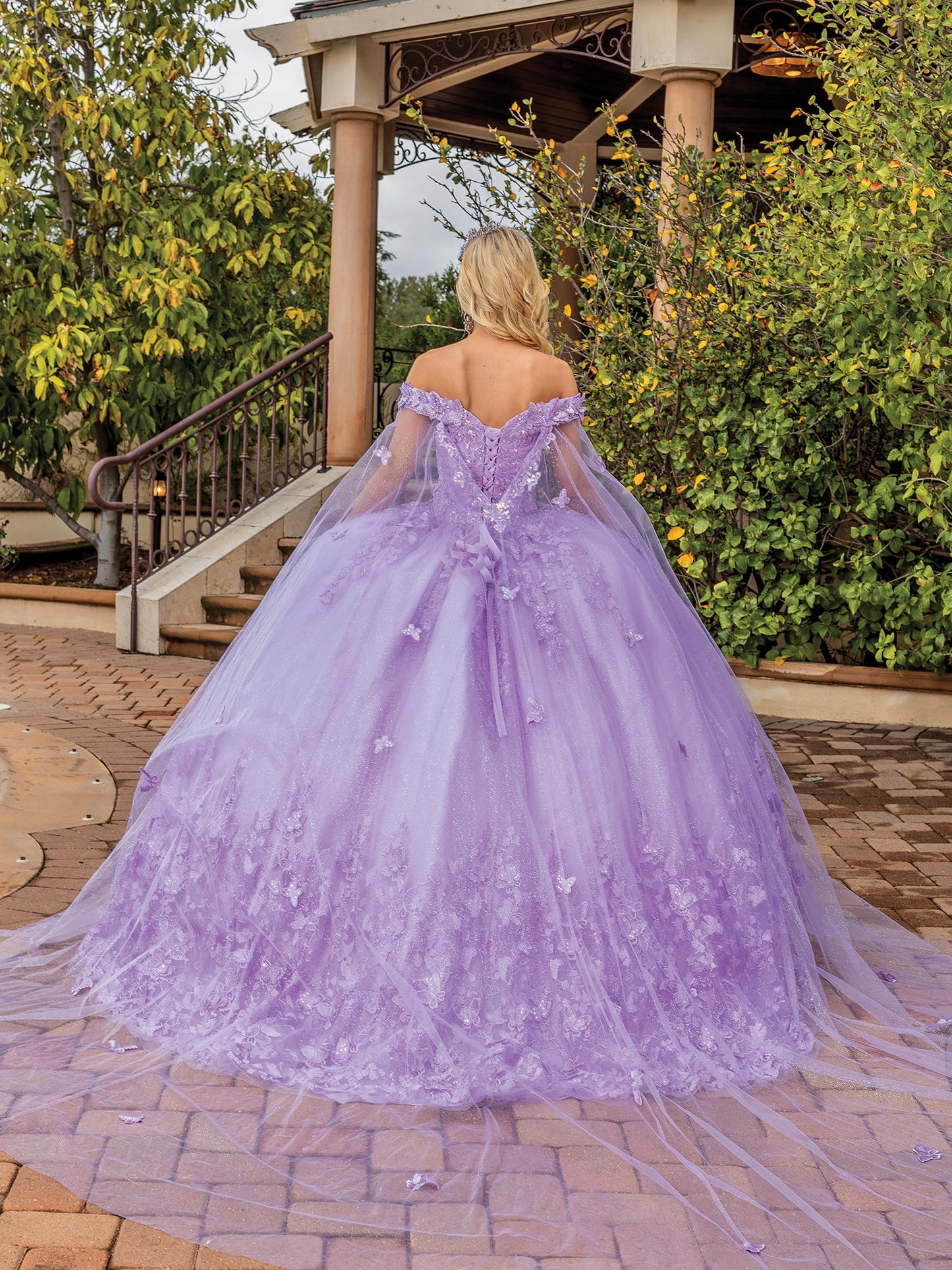 DQ25-1860 FLORAL EMBROIDERED QUINCEAÑERA GOWN WITH OFF-SHOULDER SLEEVES