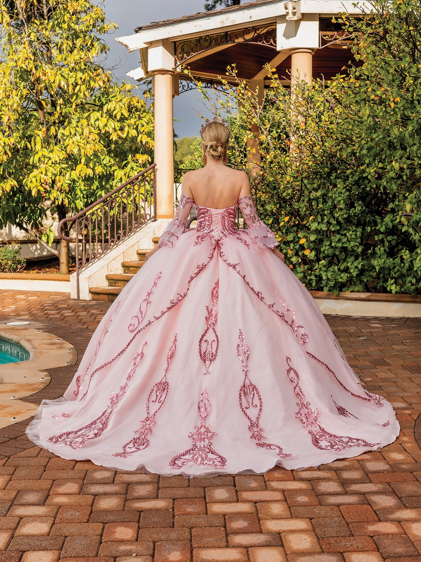 DQ25-1861 FLORAL APPLIQUE BALL GOWN WITH OFF-THE-SHOULDER SLEEVES