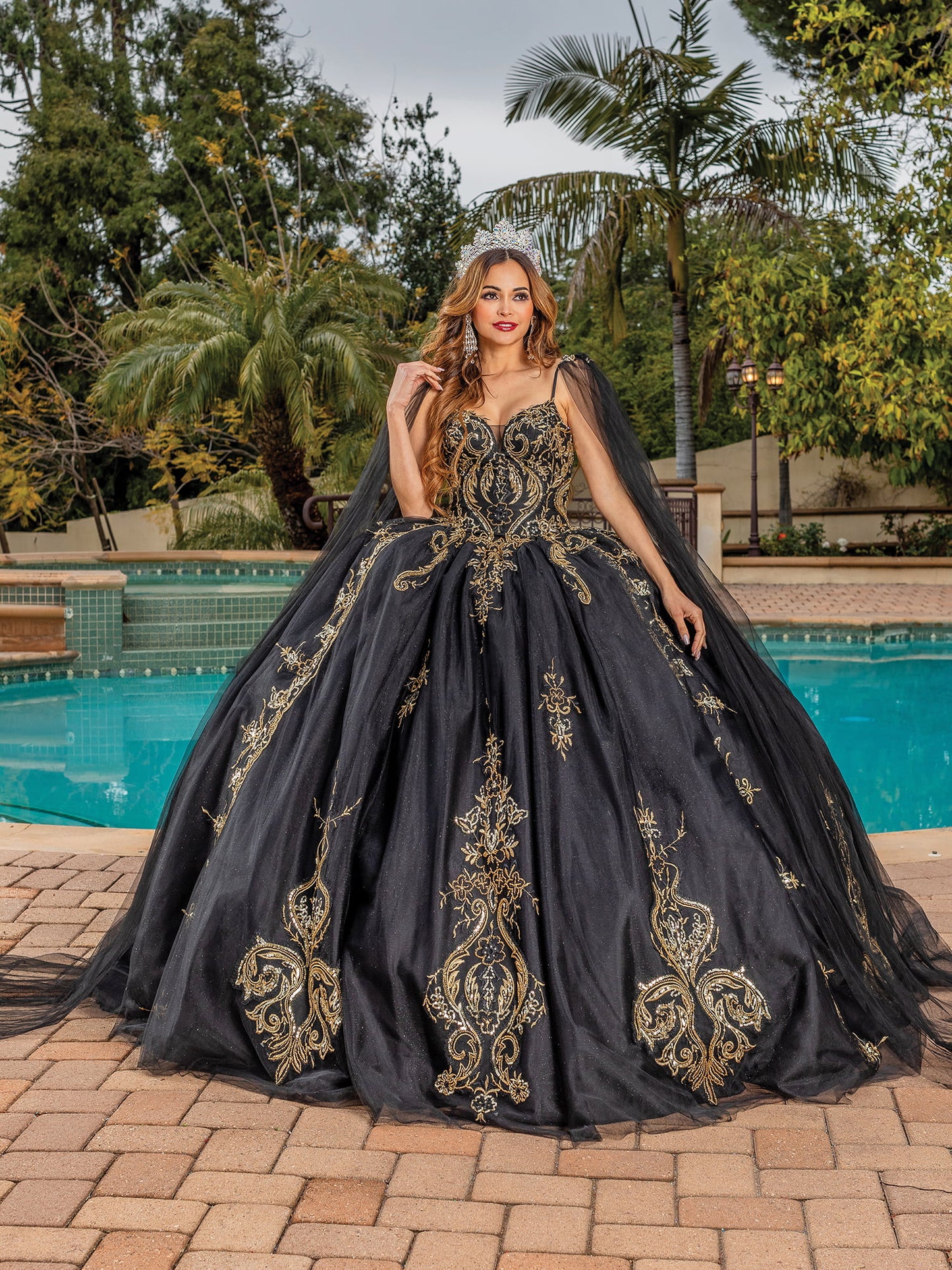DQ25-1866 EMBROIDERED BALL GOWN WITH DRAMATIC TRAIN AND OFF-SHOULDER NECKLINE
