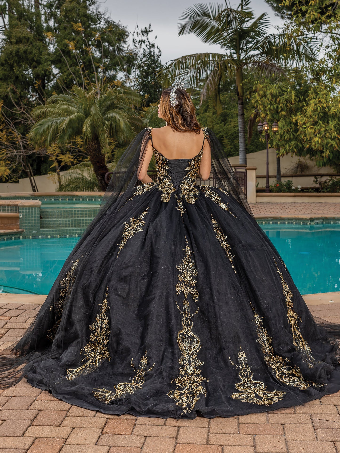 DQ25-1866 EMBROIDERED BALL GOWN WITH DRAMATIC TRAIN AND OFF-SHOULDER NECKLINE