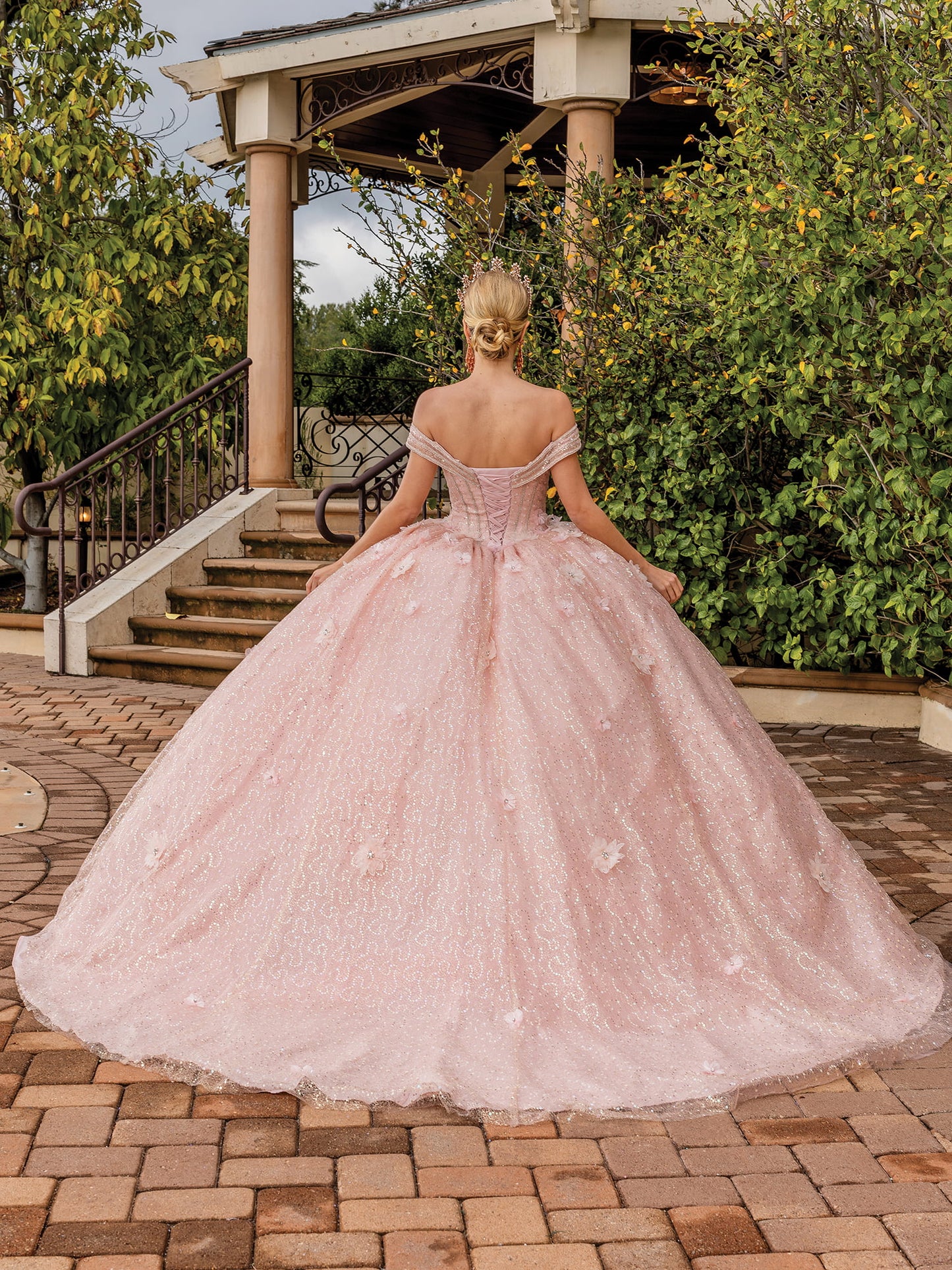DQ25-1868 OFF-THE-SHOULDER GLITTER TULLE BALLGOWN WITH CORSET BODICE AND FLORAL APPLIQUES