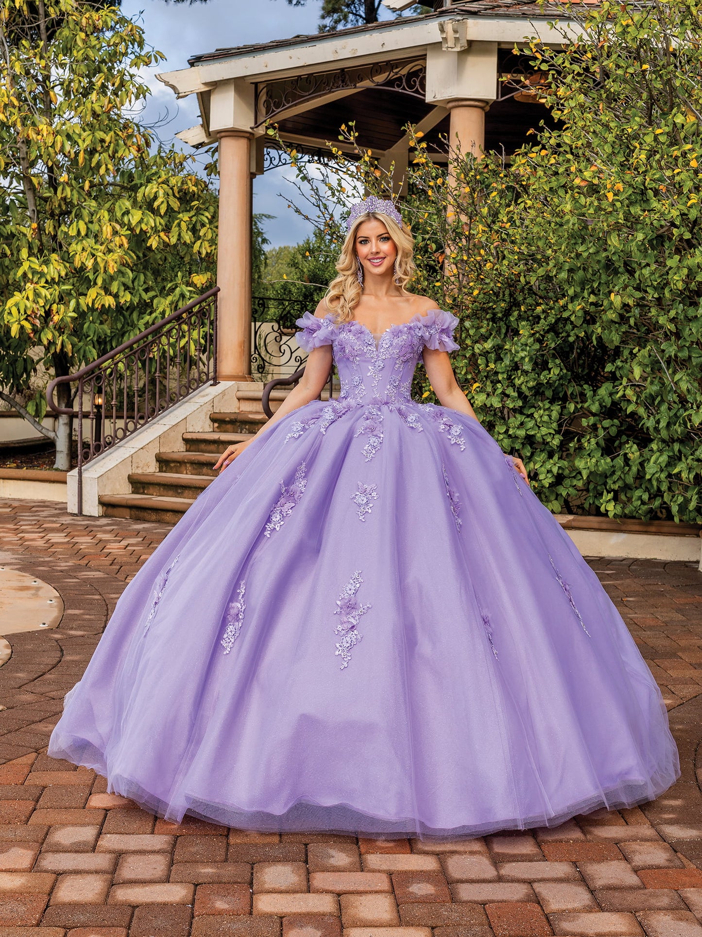 DQ25-1870 OFF-THE-SHOULDER TULLE BALLGOWN WITH EMBROIDERED APPLIQUES AND RUFFLED NECKLINE