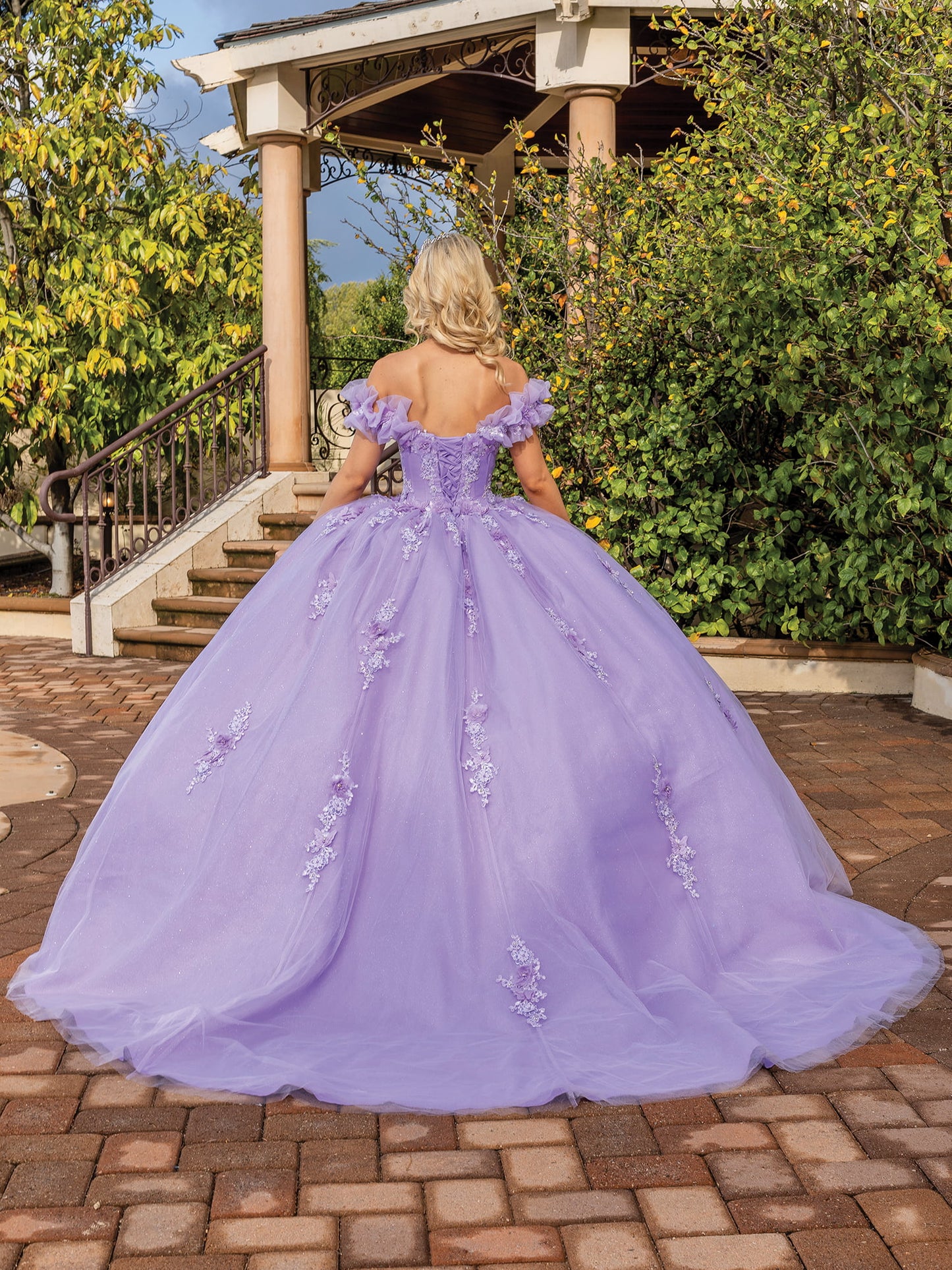 DQ25-1870 OFF-THE-SHOULDER TULLE BALLGOWN WITH EMBROIDERED APPLIQUES AND RUFFLED NECKLINE