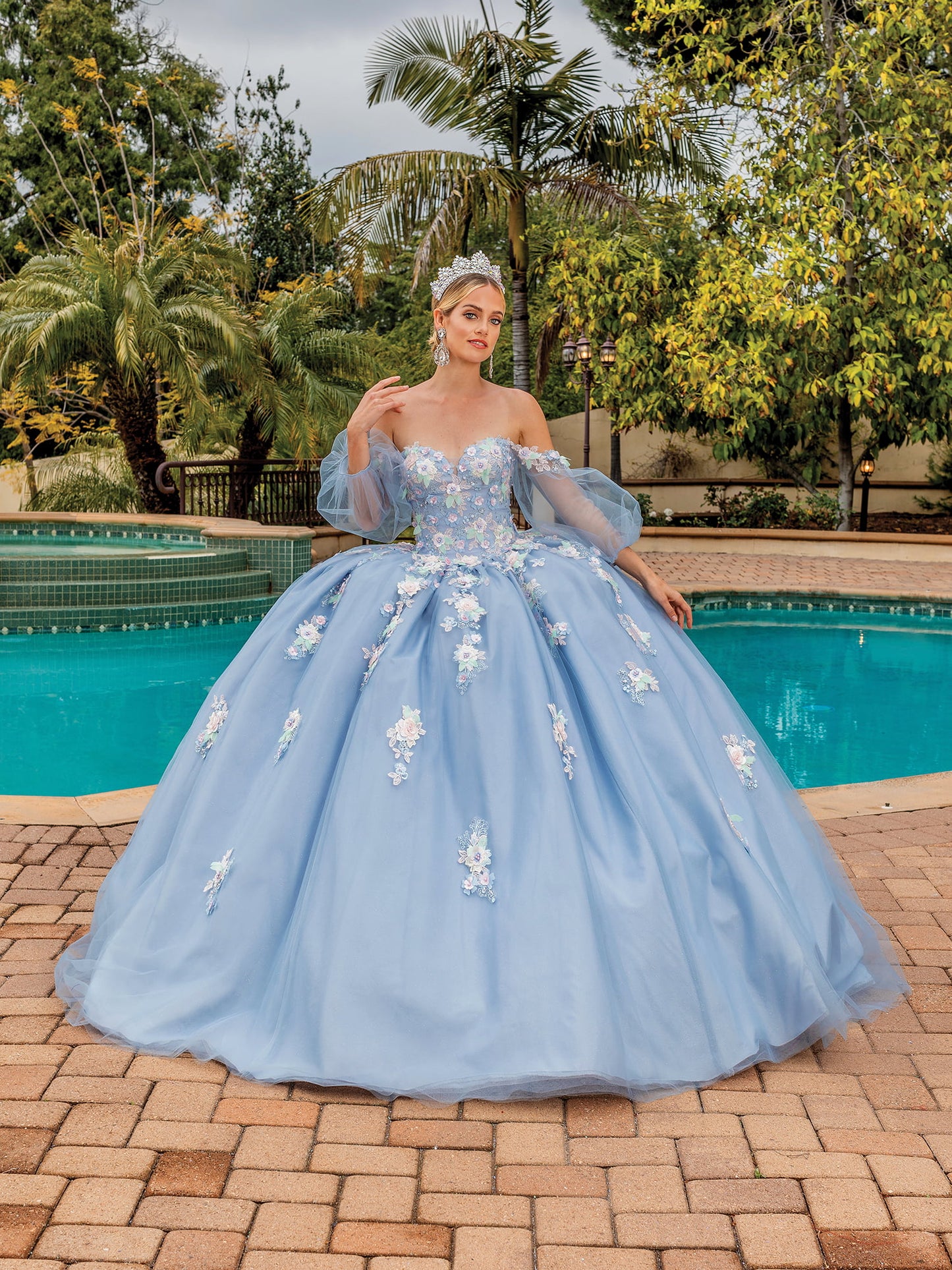 DQ25-1871 OFF-THE-SHOULDER TULLE BALLGOWN WITH SHEER SLEEVES