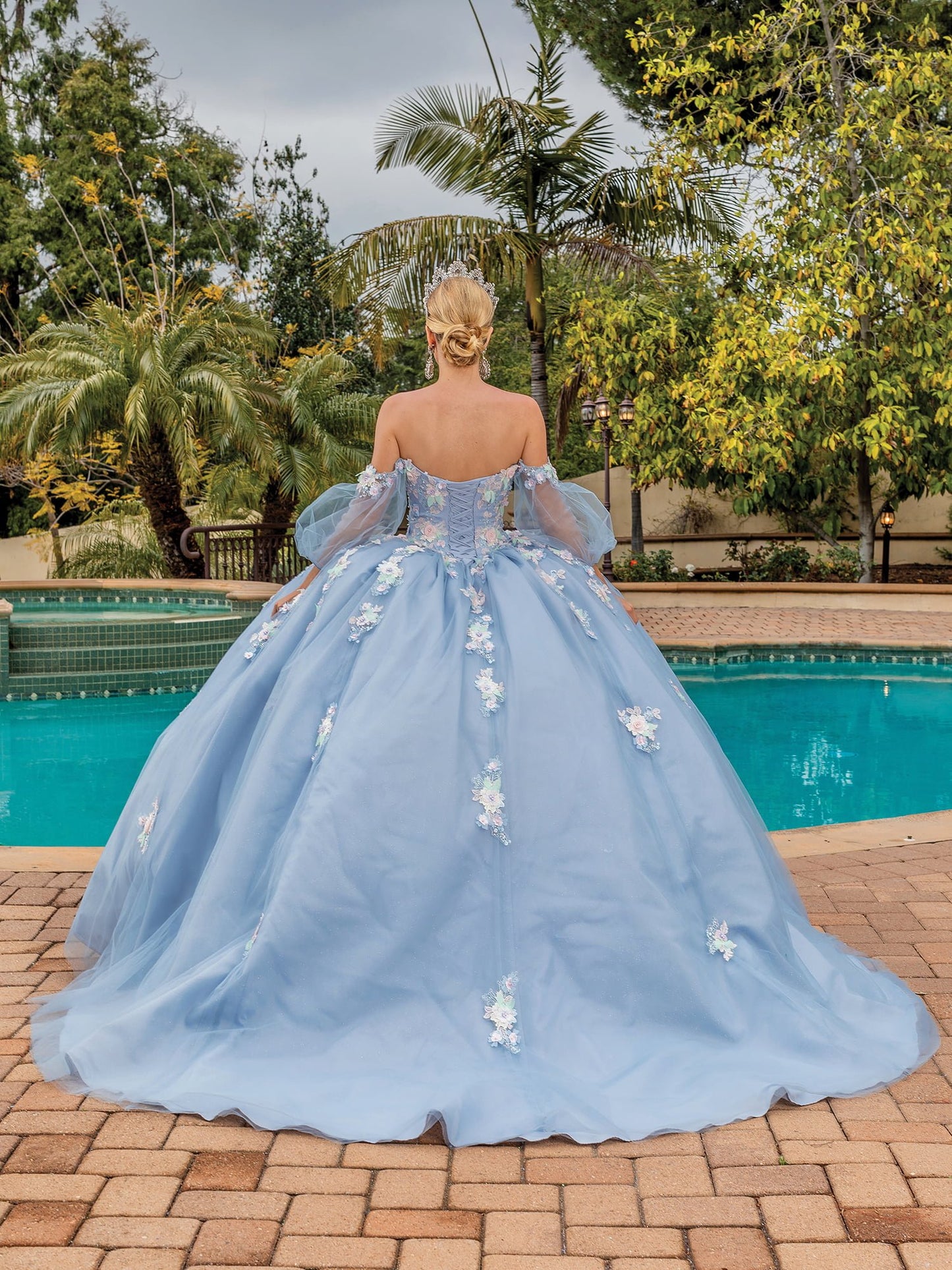 DQ25-1871 OFF-THE-SHOULDER TULLE BALLGOWN WITH SHEER SLEEVES