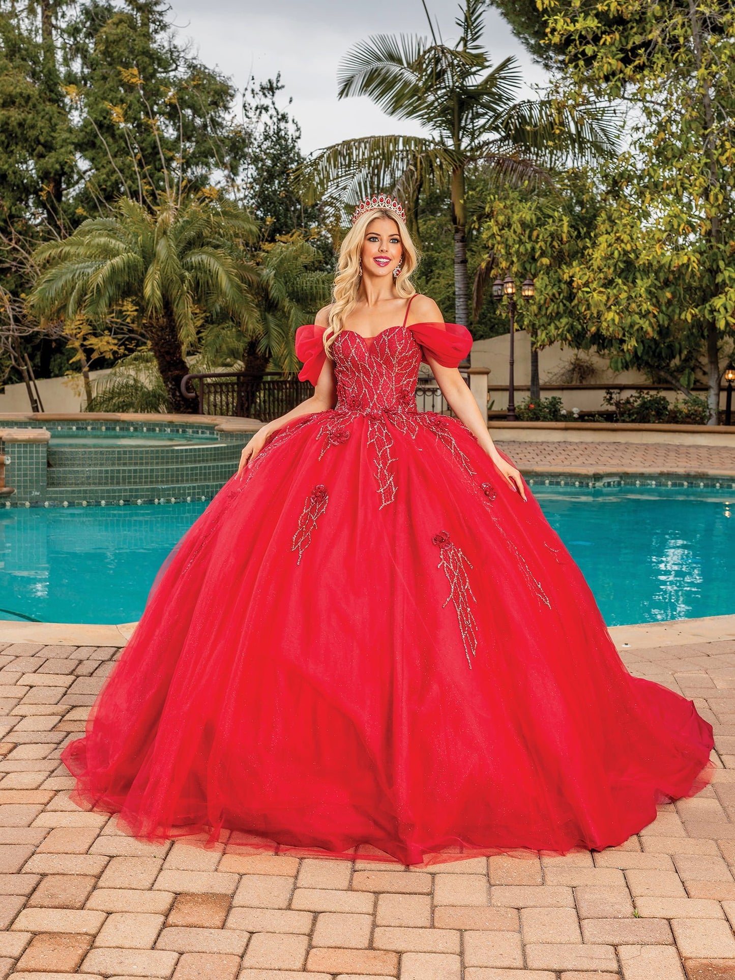 DQ25-1873 OFF-THE-SHOULDER TULLE BALLGOWN WITH BEADED CORSET BODICE