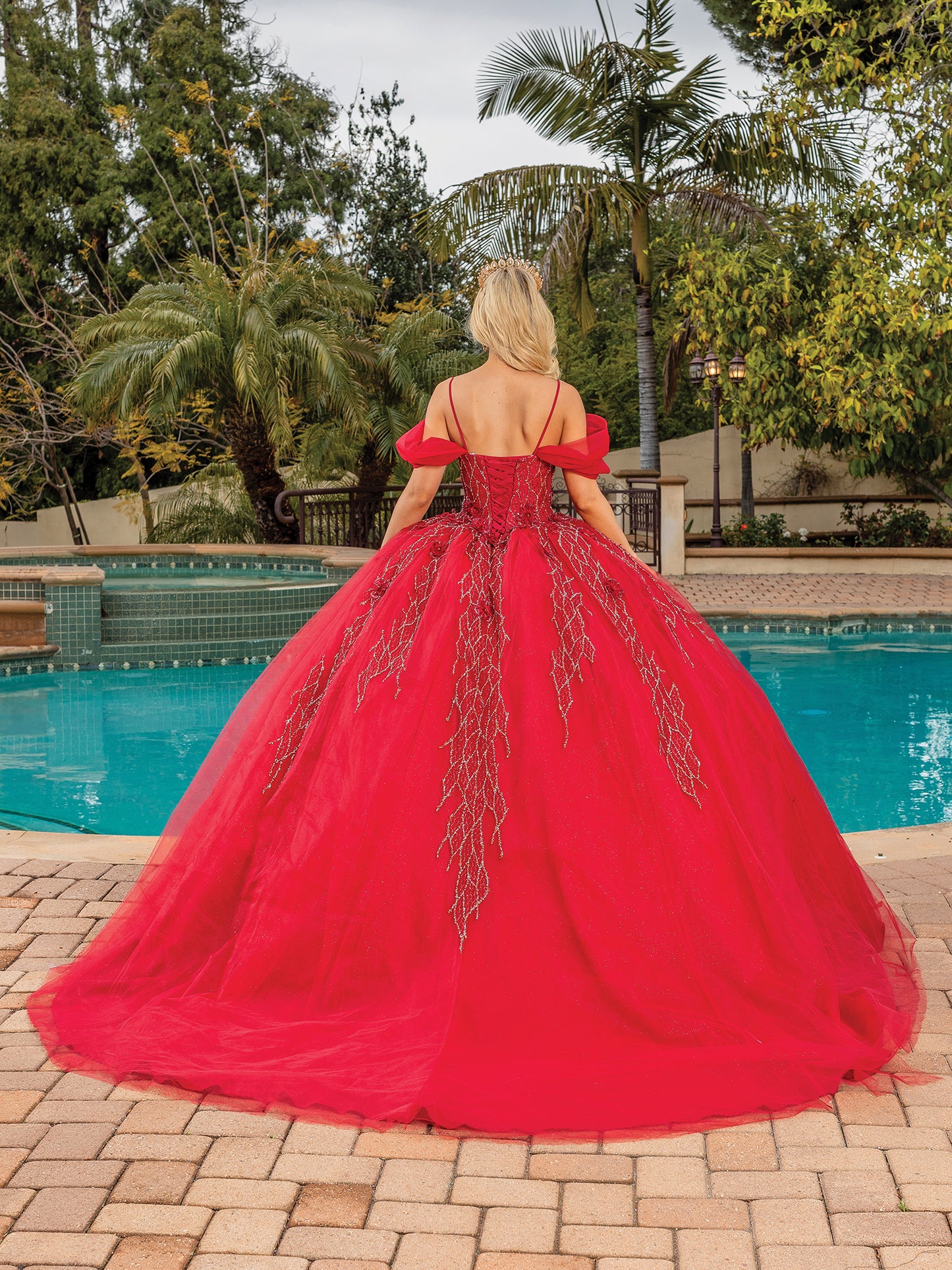 DQ25-1873 OFF-THE-SHOULDER TULLE BALLGOWN WITH BEADED CORSET BODICE