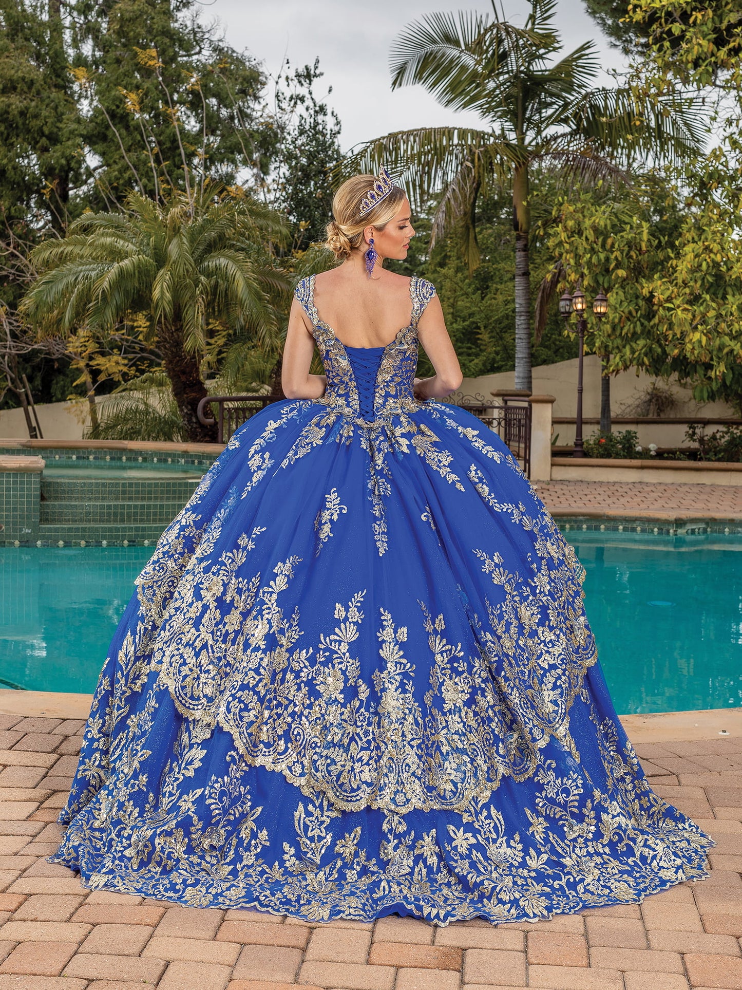 DQ25-1881 V-BACK BALLGOWN WITH EMBELLISHED LACE OVERLAY