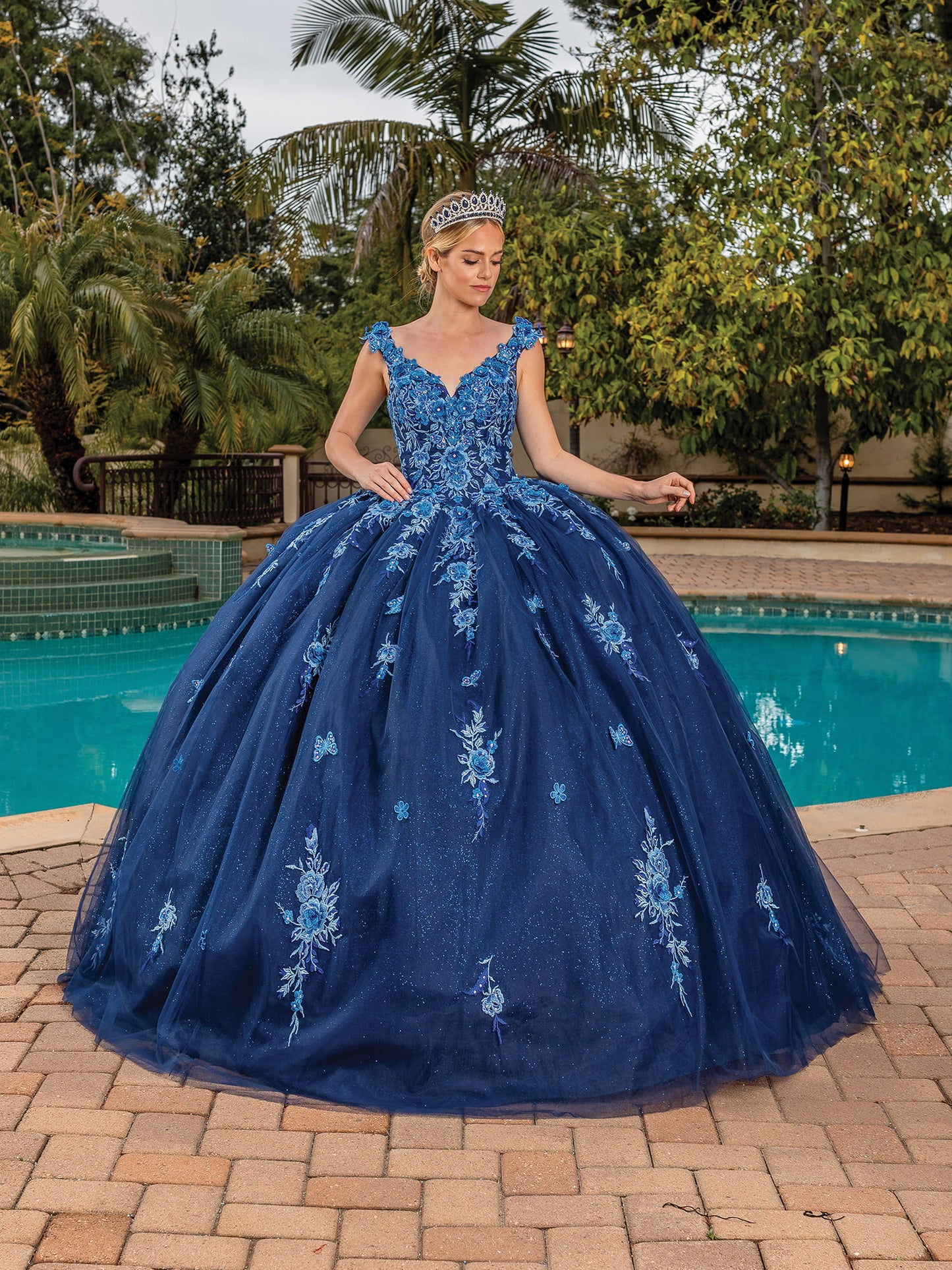 DQ25-1886 V-BACK GLITTER TULLE BALLGOWN WITH FLORAL EMBROIDERY